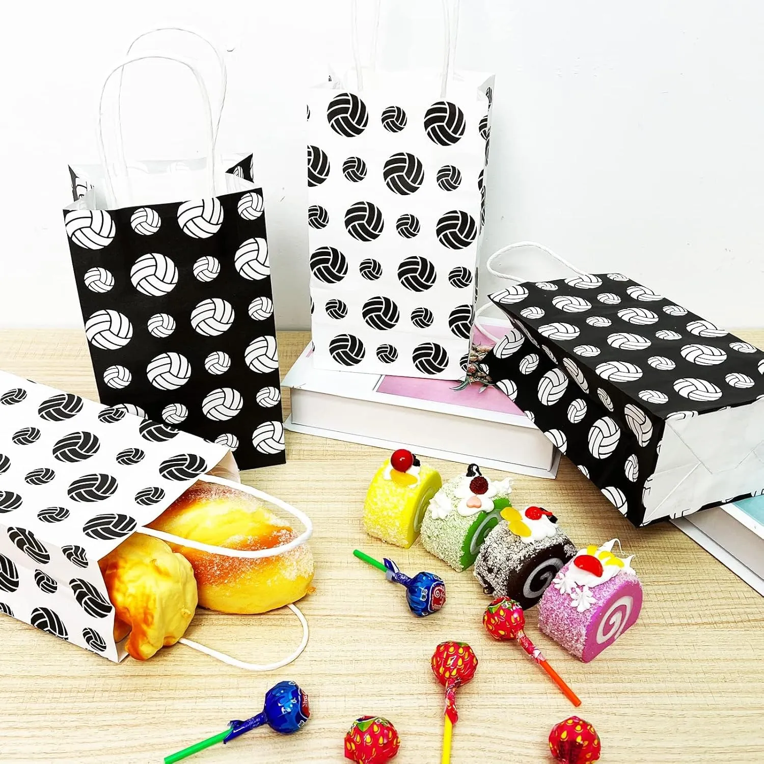 chiazllta 12 Pcs Volleyball Gift Bags for Team Volleyball Party Favor Snack Goody Treat Bag with Handle Volleyball Paper Bag Kraft Candy Bags for Sport Theme Birthday Party Decor Black & White