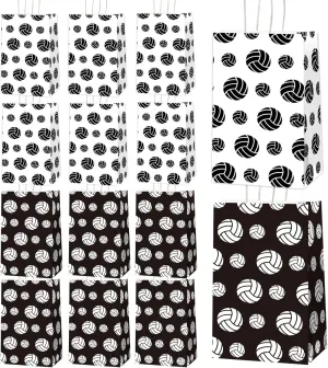 chiazllta 12 Pcs Volleyball Gift Bags for Team Volleyball Party Favor Snack Goody Treat Bag with Handle Volleyball Paper Bag Kraft Candy Bags for Sport Theme Birthday Party Decor Black & White