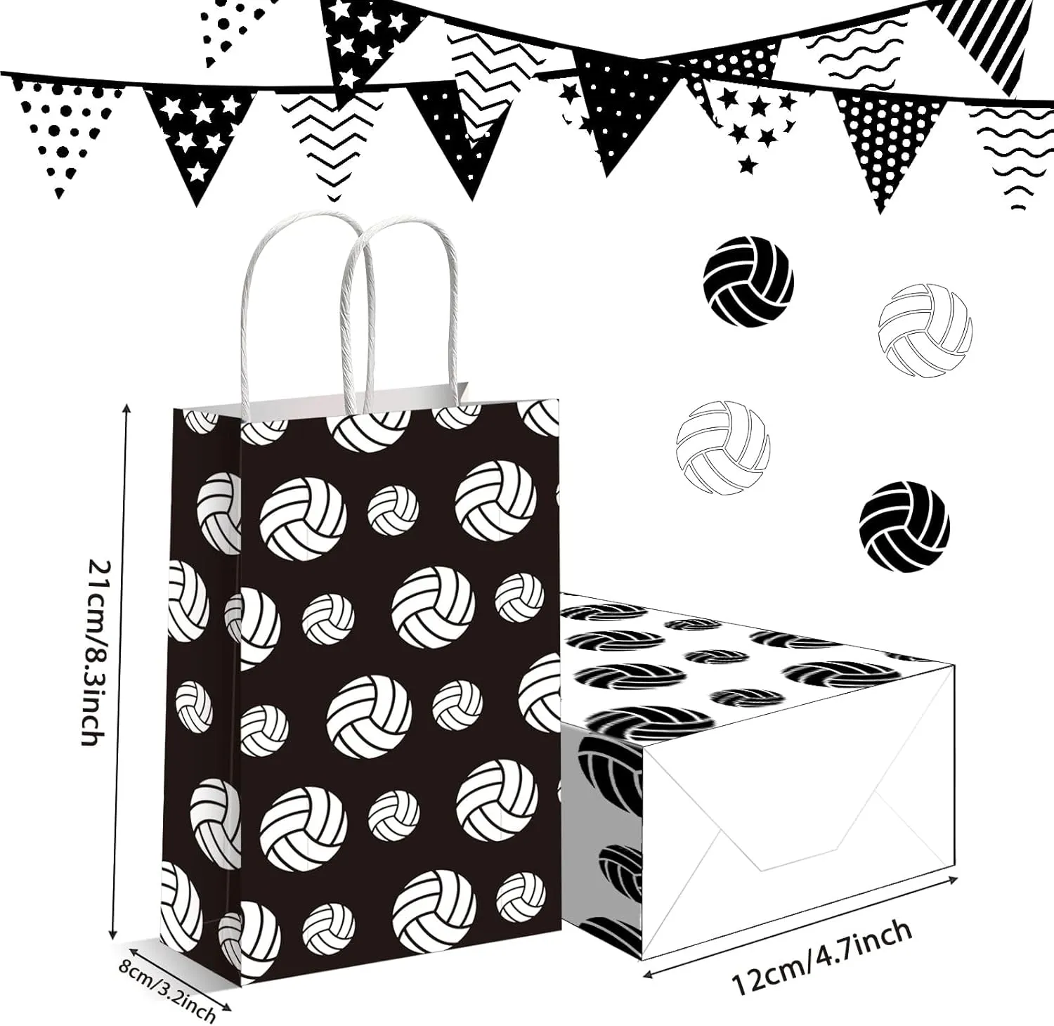 chiazllta 12 Pcs Volleyball Gift Bags for Team Volleyball Party Favor Snack Goody Treat Bag with Handle Volleyball Paper Bag Kraft Candy Bags for Sport Theme Birthday Party Decor Black & White