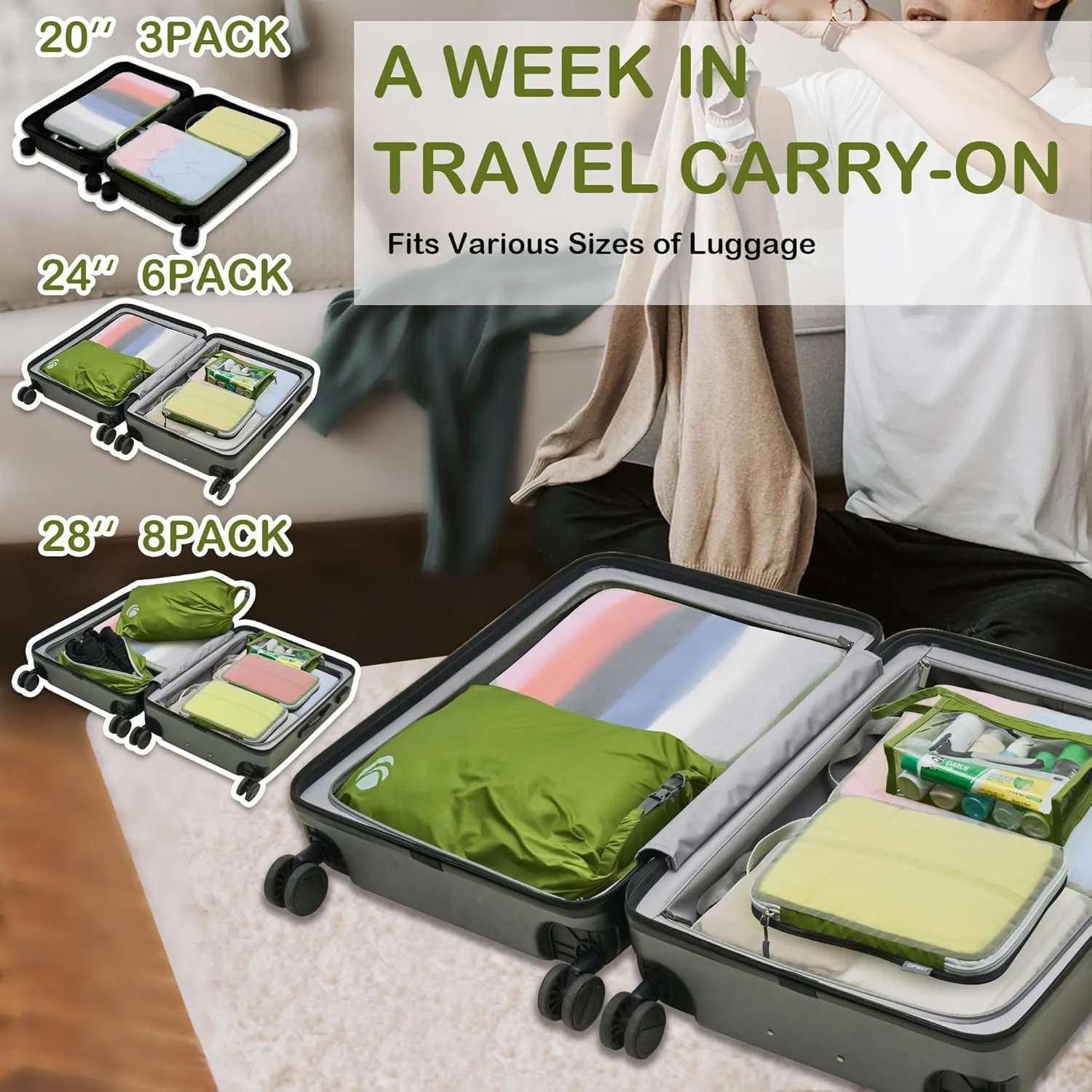 Cipway Compression Packing Cubes, See Through Mesh Luggage Organizer Bags, Travel Essentials for Carry on Suitcase with Laundry Bag and Clear Toiletries Bag（6 Pcs,Green）
