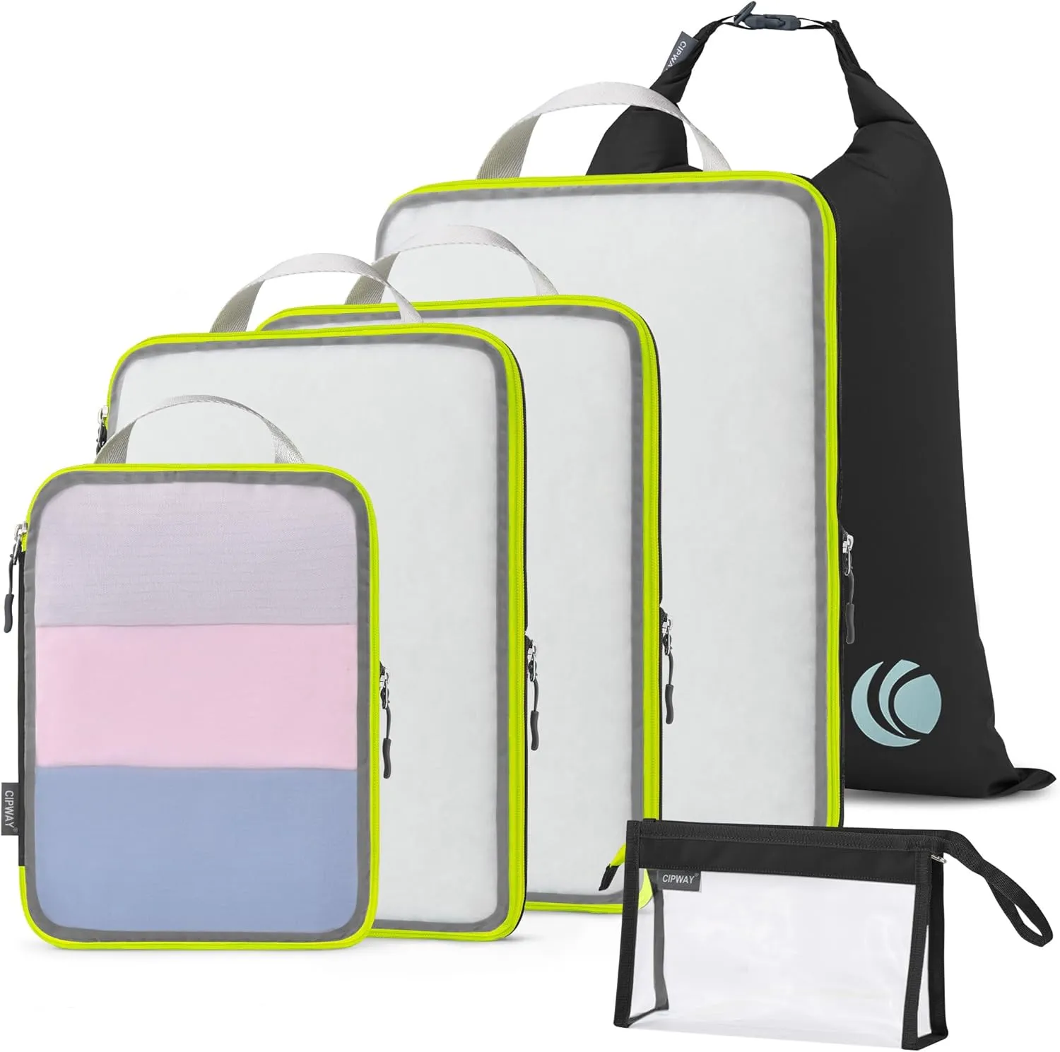 Cipway Compression Packing Cubes, See Through Mesh Luggage Organizer Bags, Travel Essentials for Carry on Suitcase with Laundry Bag and Clear Toiletries Bag（6Pcs,Black）