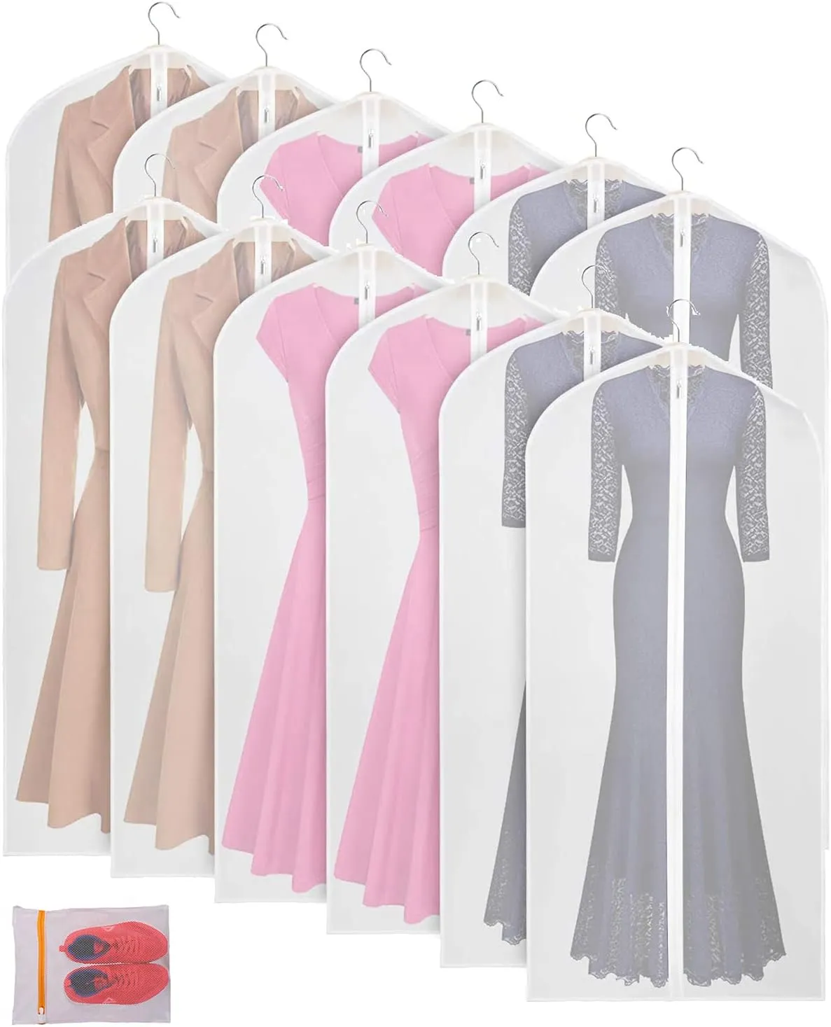 Clear Garment Bags Clothes Covers Protecting Dusts (set Of 12) For Storage Plastic Garment Bags Hanging Clothes Bags with Zipper Gown Garment Bag for Long Dresses - 24'' X 60''/12 Pack