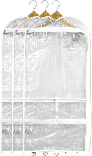 Clear Garment Bags for Dance Costumes 3-Pack, Regular-Size, Side Zipper Entry, Storage Pockets for Shoes & Accessories, Size 37”x18”, Dream Duffel