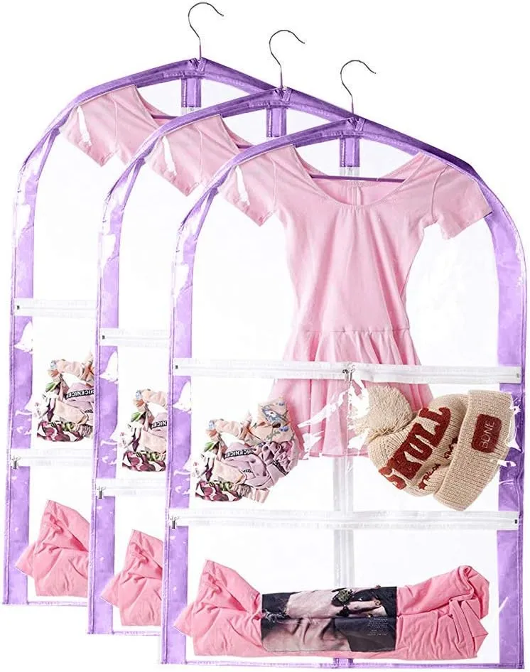 Clear Kids Garment Bags,3 Packs Garment Bag For Dance Costumes With Pockets,Foldable Garment Bags For Hanging Clothes Travel Storage,Dance Garment Bags For Dancers.35" Garment Dance Competition Bag