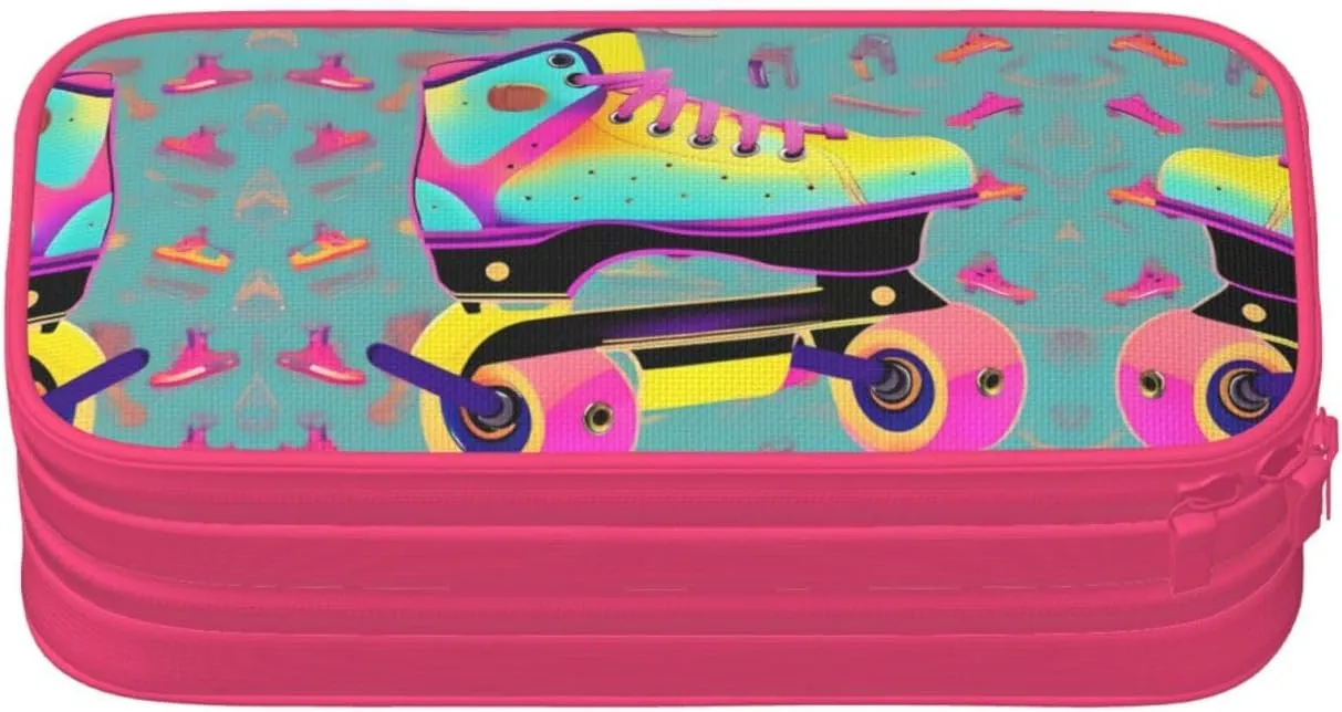 Colorful Roller Skates Print Pencil Cases Pen Box Stationery Makeup Bag, Desk Organizer For College Adults Women Men