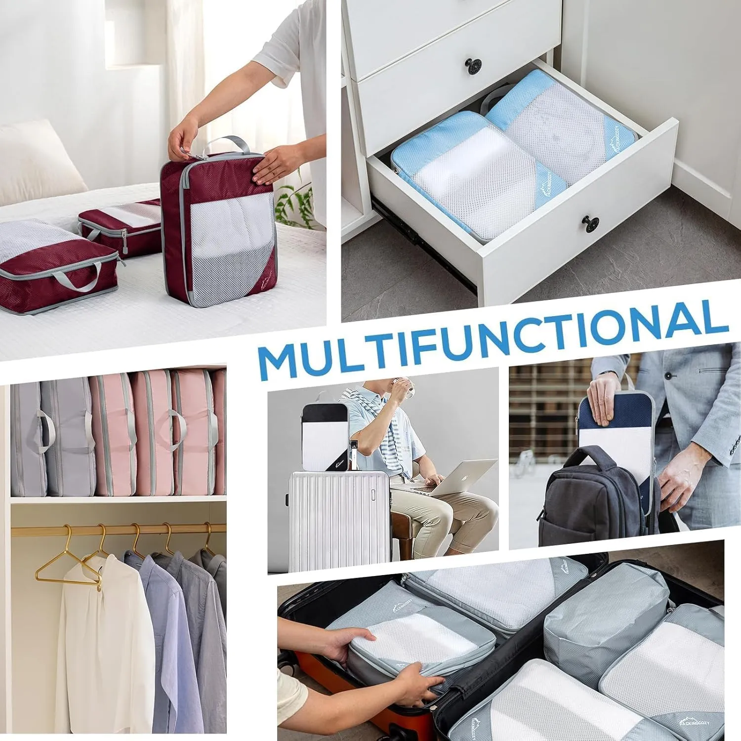Compression Packing Cubes, 5 Set Packing Cubes for Travel Compression, Lightweight Compressible Package Organizer for Carry On and Suitcases, Navy