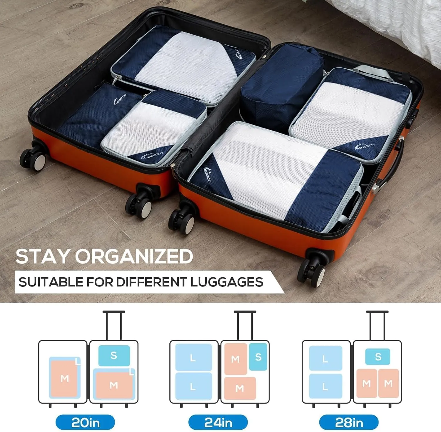 Compression Packing Cubes, 5 Set Packing Cubes for Travel Compression, Lightweight Compressible Package Organizer for Carry On and Suitcases, Navy