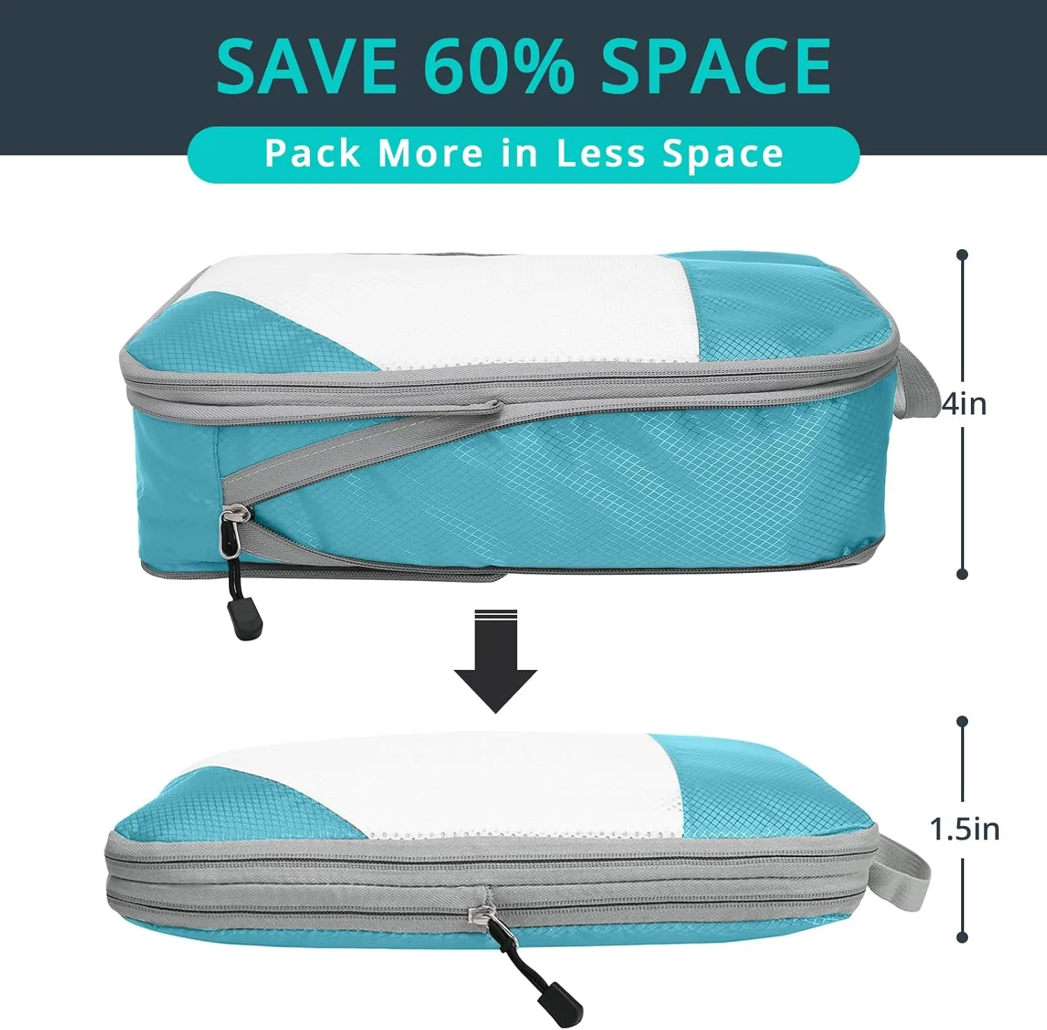 Compression Packing Cubes 6 Set, Compressible Space-Saving Packing Cubes for Travel - Compression Bags, Luggage Organizer, Travel Essentials for Women, Teal