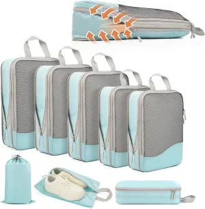 Compression Packing Cubes 8 Set, Dual Zipper Compression Packing Cubes for Travel, See-Through Mesh Packing Bags for Suitcases, packing cubes with shoe bag