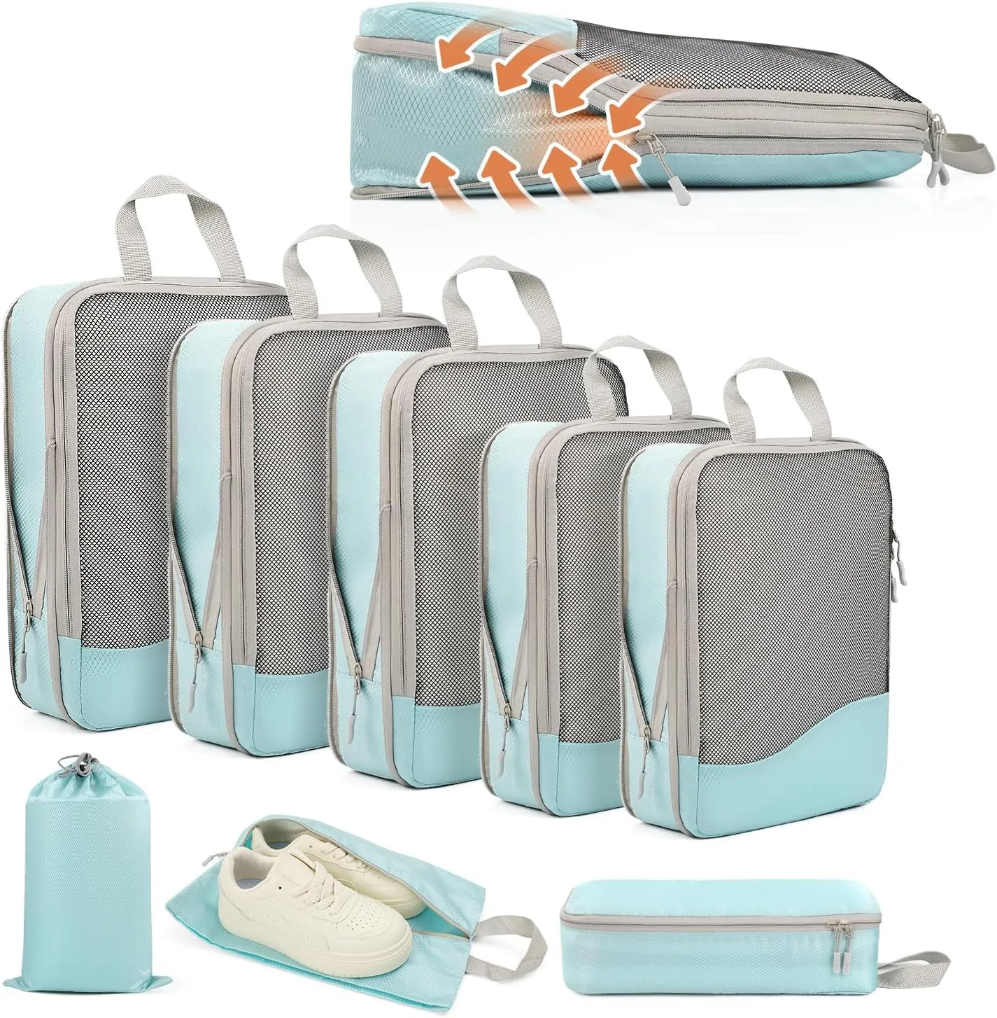 Compression Packing Cubes 8 Set, Dual Zipper Compression Packing Cubes for Travel, See-Through Mesh Packing Bags for Suitcases, packing cubes with shoe bag