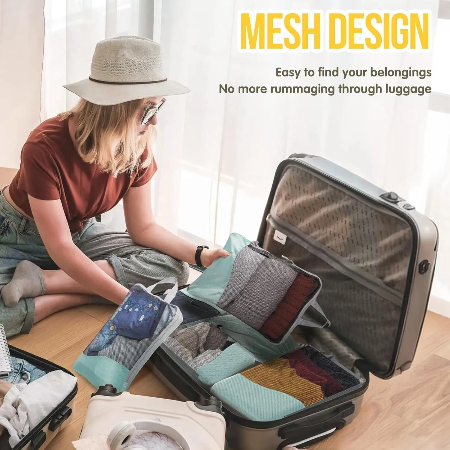 Compression Packing Cubes 8 Set, Dual Zipper Compression Packing Cubes for Travel, See-Through Mesh Packing Bags for Suitcases, packing cubes with shoe bag