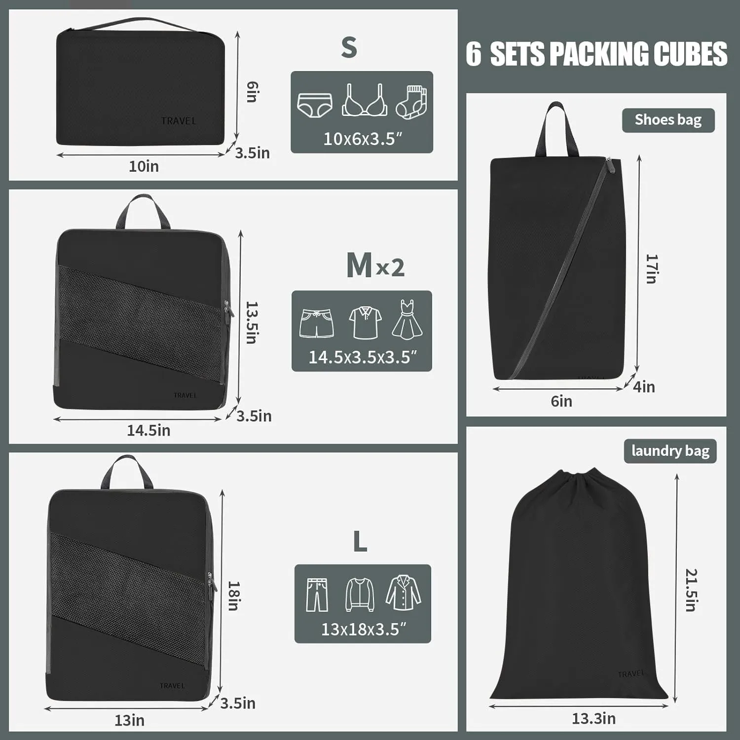Compression Packing Cubes for Travel 6 Sets, Lightweight Vacation Travel Essentials, Travel Accessories for Suitcase Organizer Bags Set, Durable Luggage Organizer Travel Bags (black)