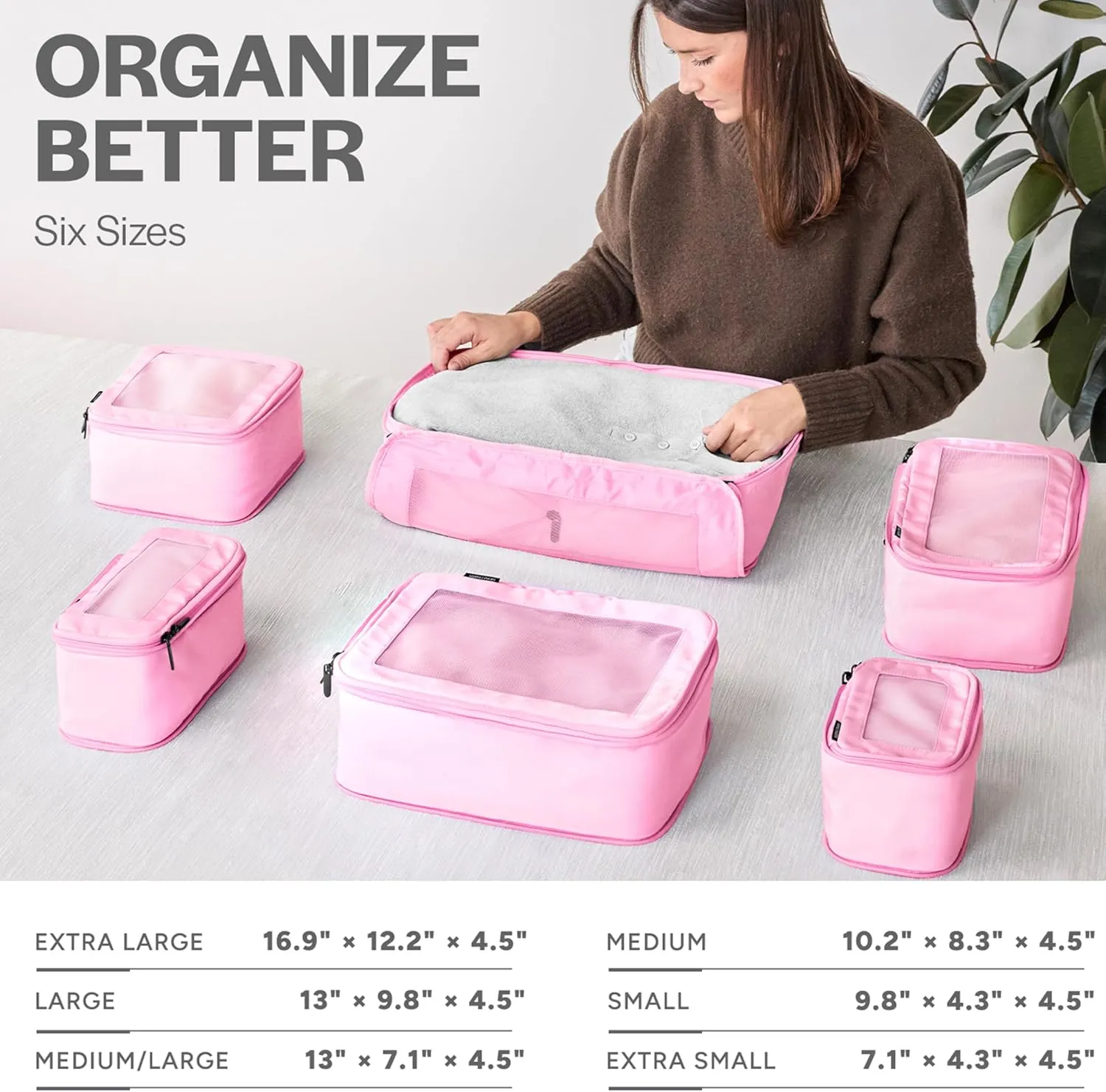 Compression Packing Cubes for Travel - Luggage Organizer Bags - Double Zipper Packing Cubes for Suitcases (6-Pack, Pink)