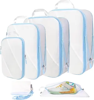Compression Packing Cubes Set of 6, Travel Luggage Organizer for Suitcase, Packing Organizers for Travel Accessories, Breathable See Through Mesh, Durable Lightweight with Shoe Bags