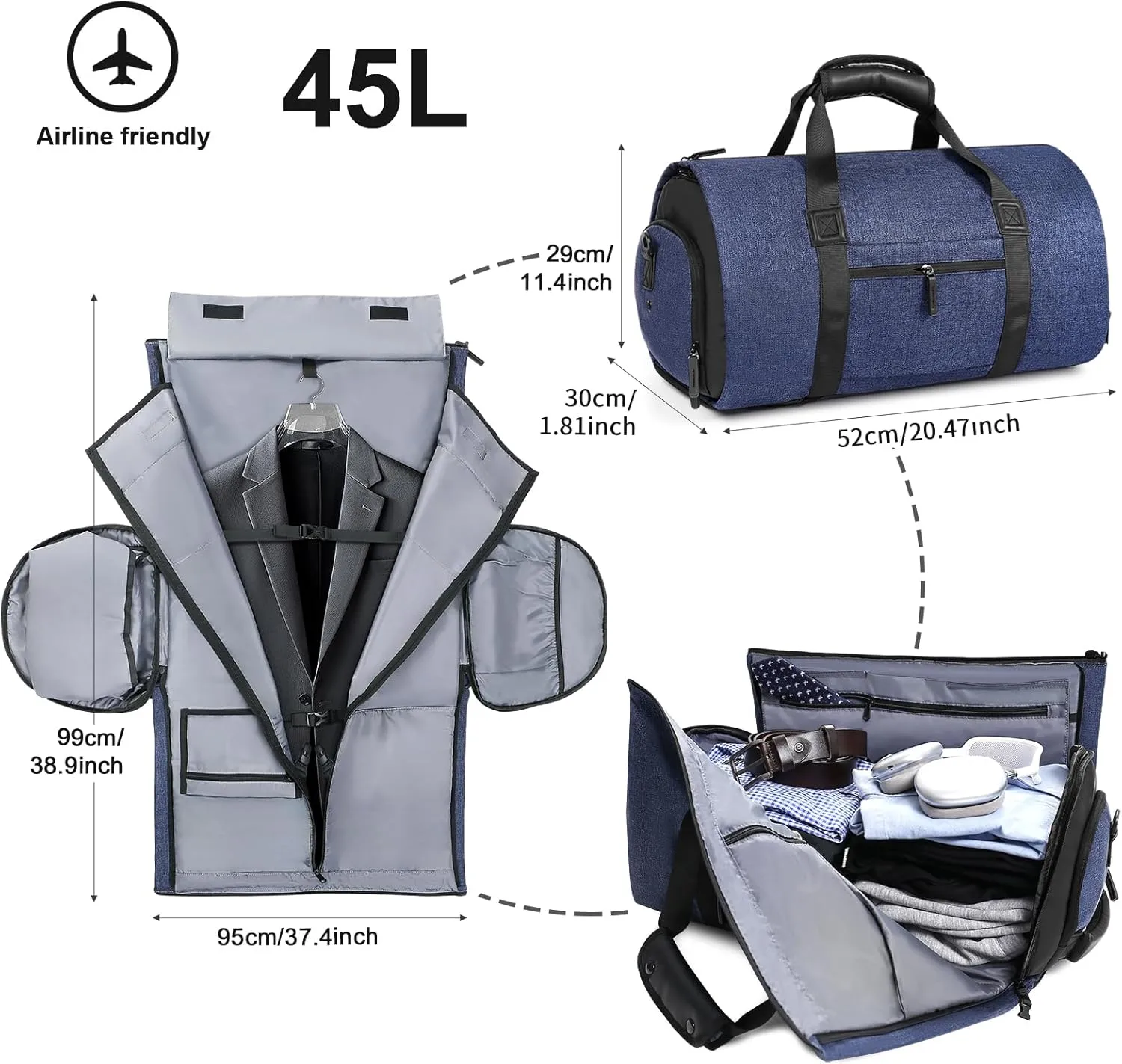CONTAIL 45L Convertible Travel Garment Bag With Backpack Strap and Detachable Shoulder Strap,5 in 1 Carry On Weekend Duffel Bag with Shoe Pouch for Unisex,Navy