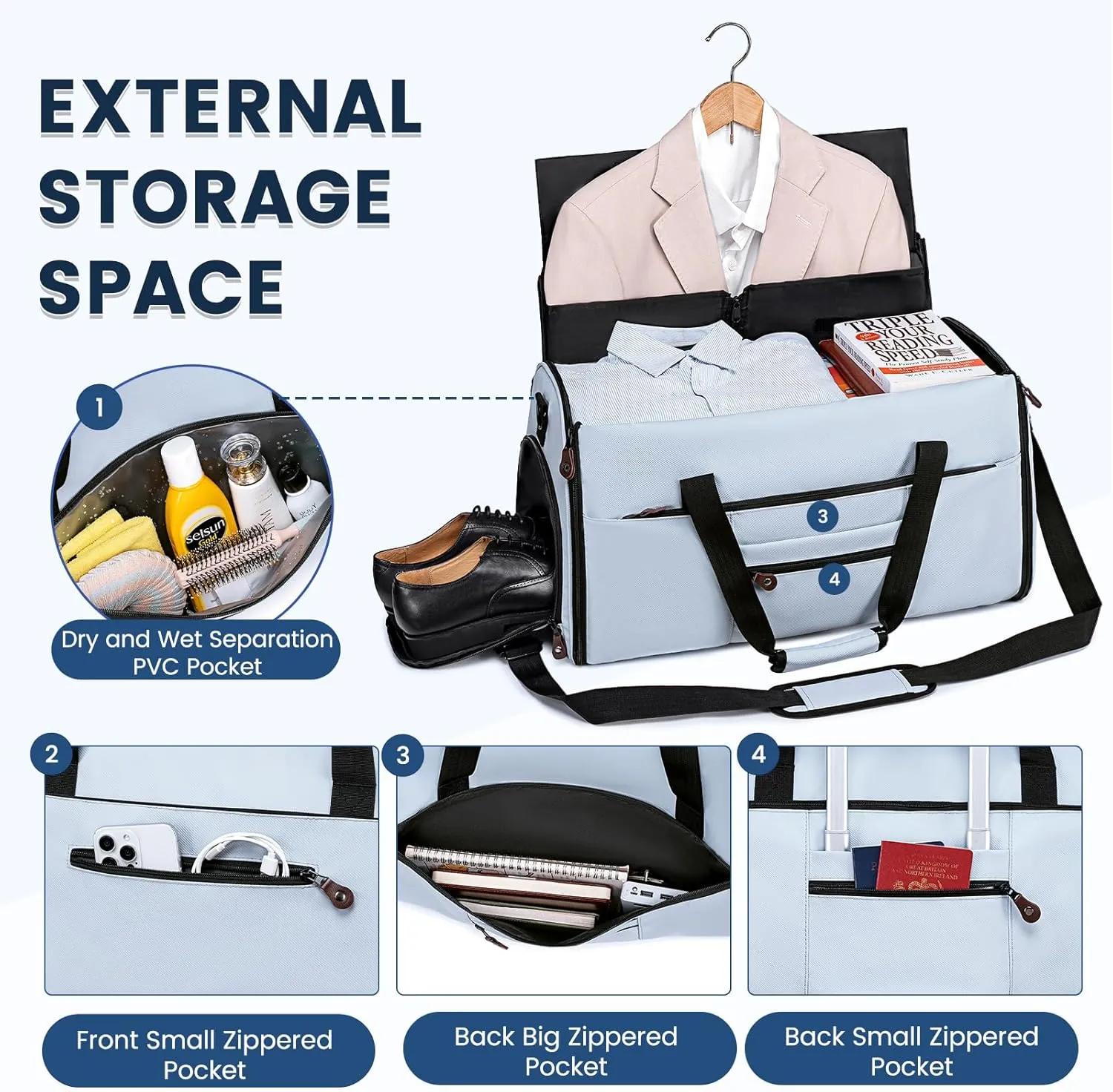 Convertible Garment Bags for Travel, 2 in 1 Garment Duffle Bag for Men Women, Waterproof Carry on Garment Bag with Shoe Compartment and Shoulder Strap, Foldable Travel Suit Bag for Hanging Clothes