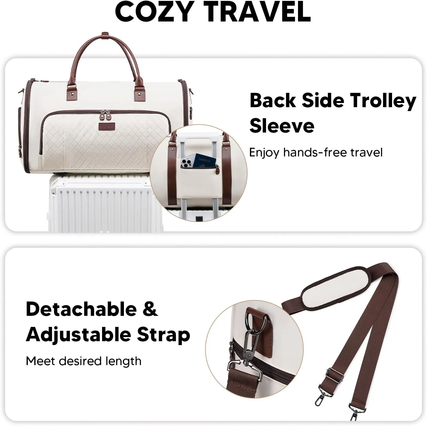 Convertible Garment Bags for Travel, Carry On Garment Duffle Bags for Women, Garment Bag with Shoes Compartment, 2 in 1 Travel Suit Bag with Detachable Shoulder Strap-Beige