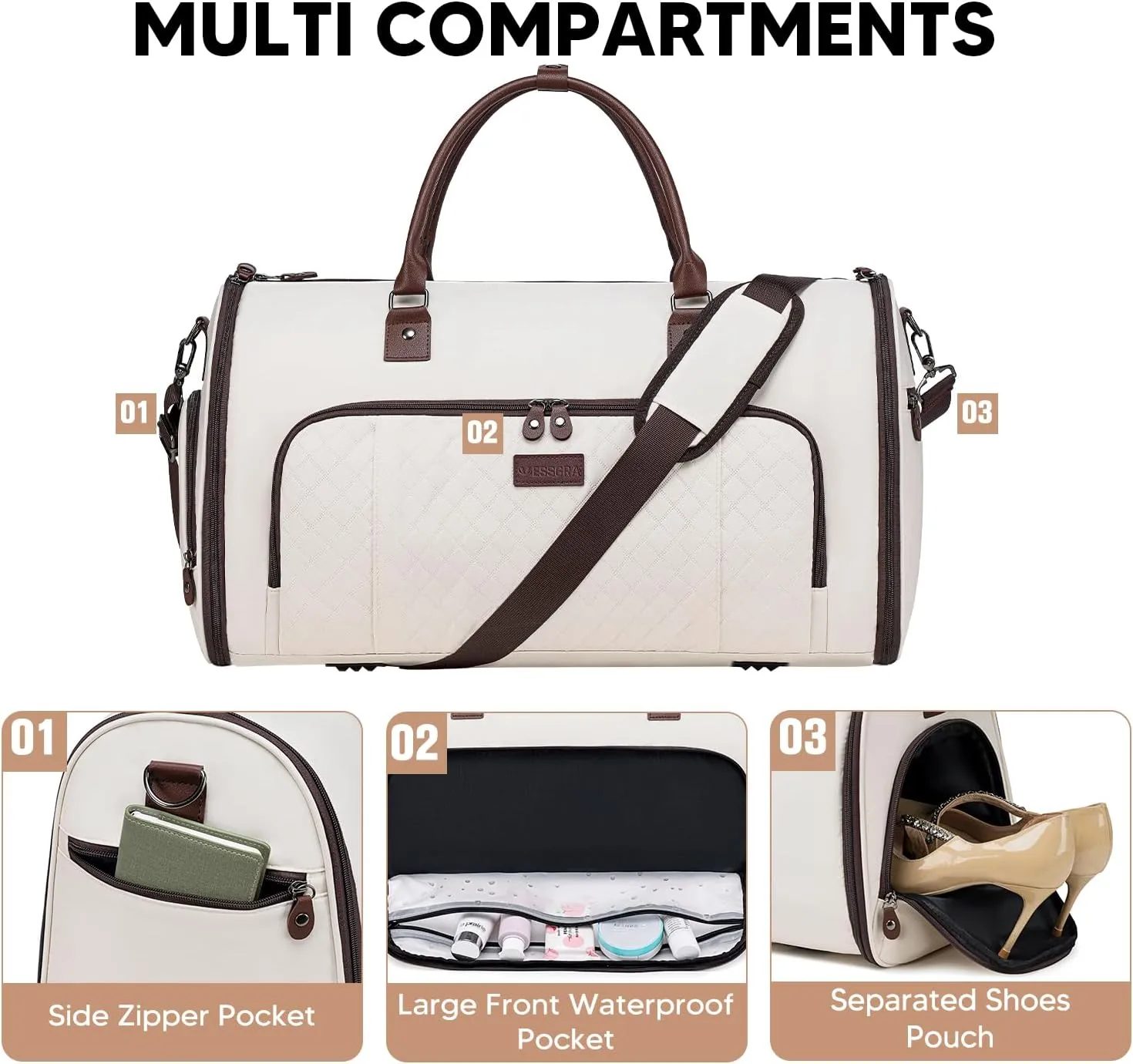 Convertible Garment Bags for Travel, Carry On Garment Duffle Bags for Women, Garment Bag with Shoes Compartment, 2 in 1 Travel Suit Bag with Detachable Shoulder Strap-Beige