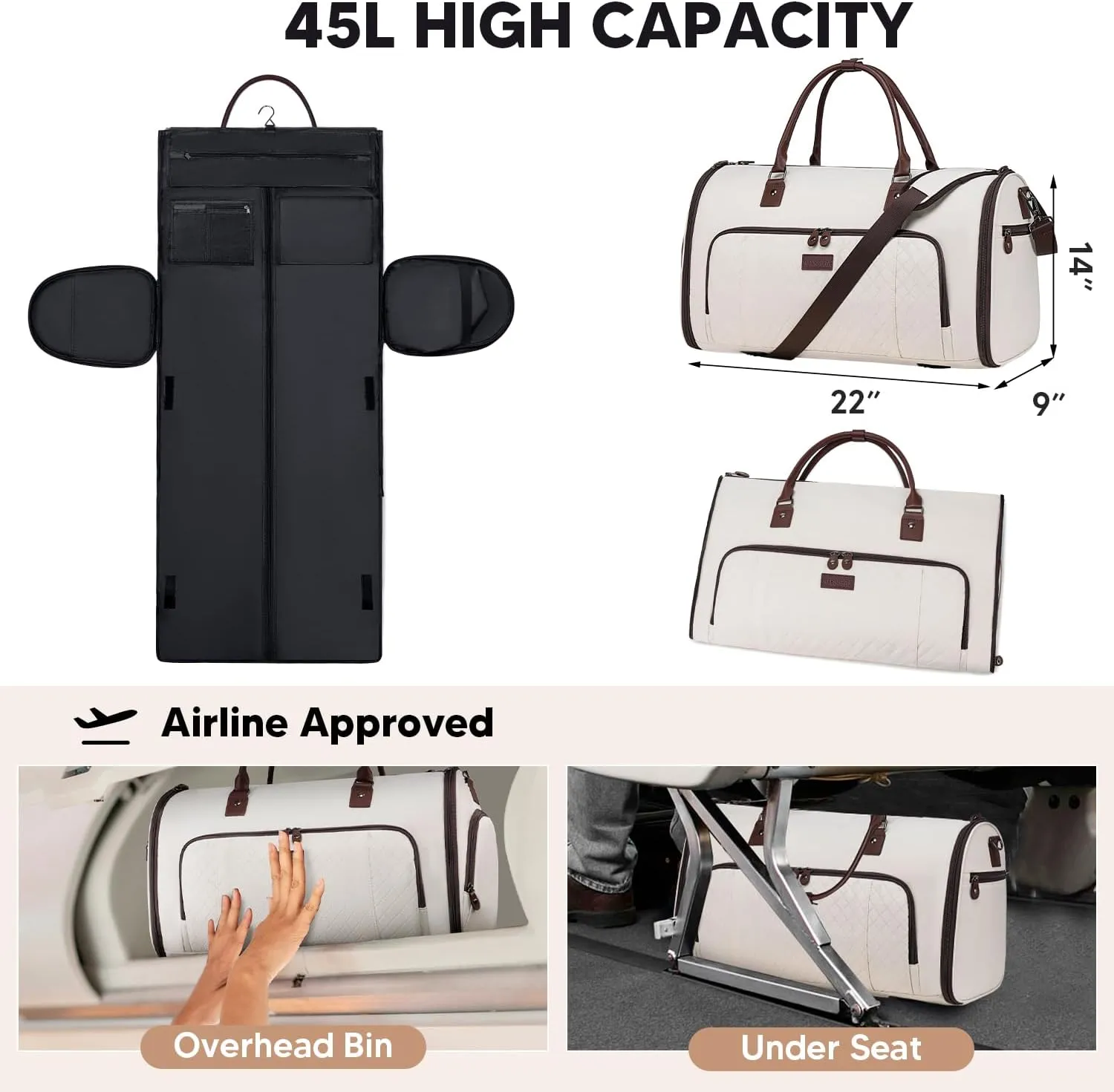 Convertible Garment Bags for Travel, Carry On Garment Duffle Bags for Women, Garment Bag with Shoes Compartment, 2 in 1 Travel Suit Bag with Detachable Shoulder Strap-Beige