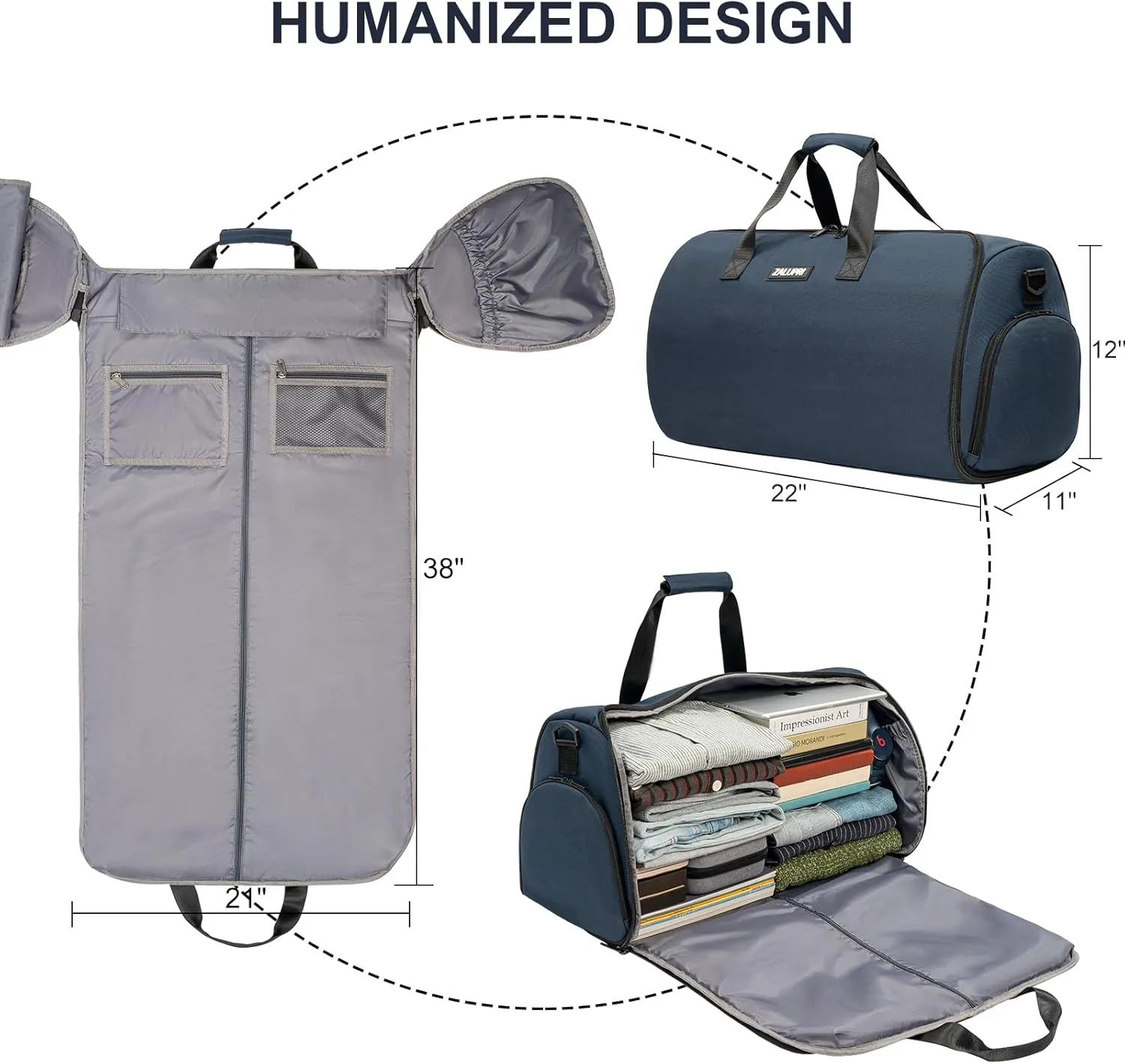 Convertible Garment Duffel Bag with Shoe Compartment,ZALUPRI Carry on Garment Bag for Men Women 2 in 1 Hanging Suitcase Suit Weekend Travel Bag, Blue