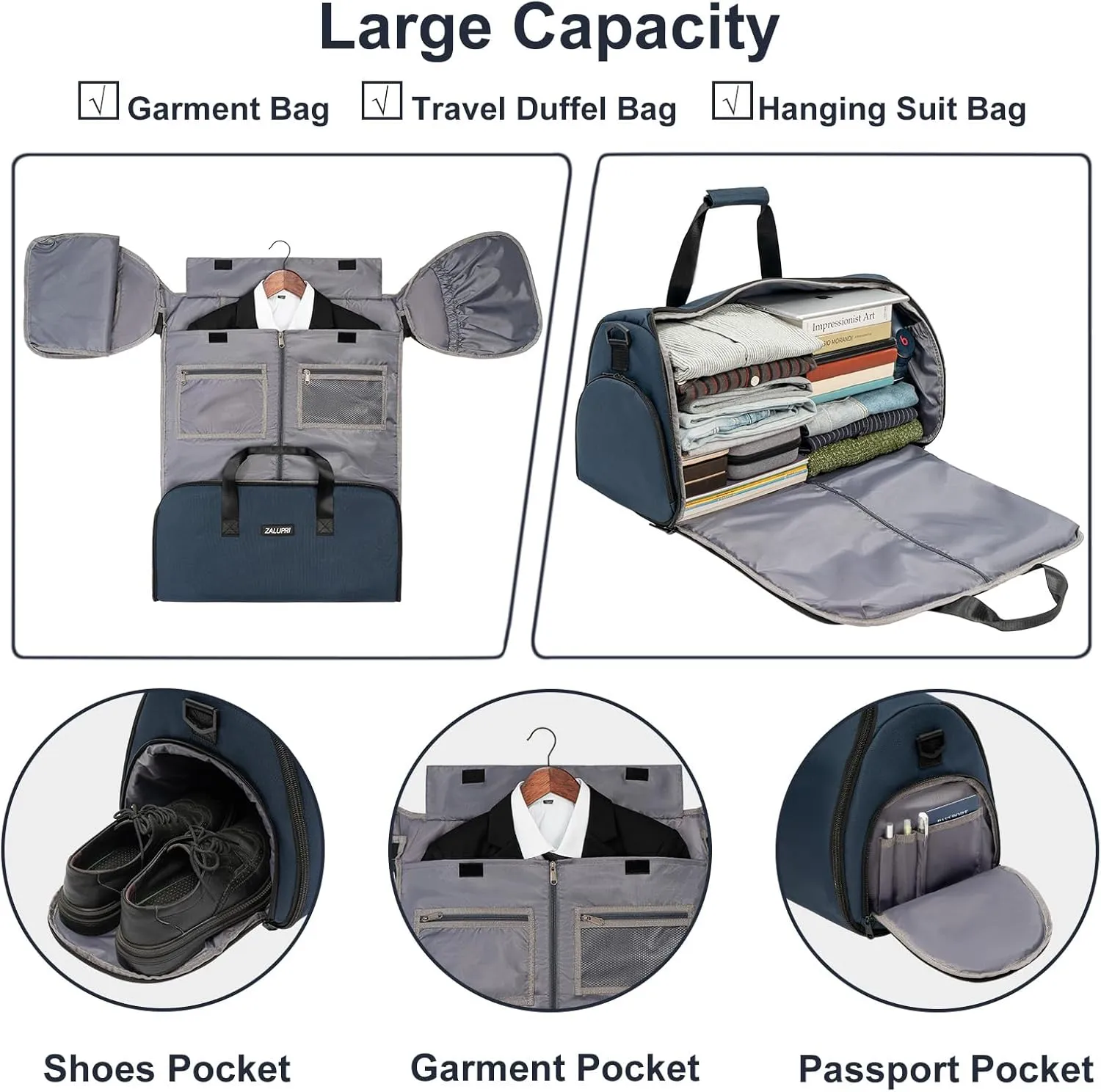 Convertible Garment Duffel Bag with Shoe Compartment,ZALUPRI Carry on Garment Bag for Men Women 2 in 1 Hanging Suitcase Suit Weekend Travel Bag, Blue
