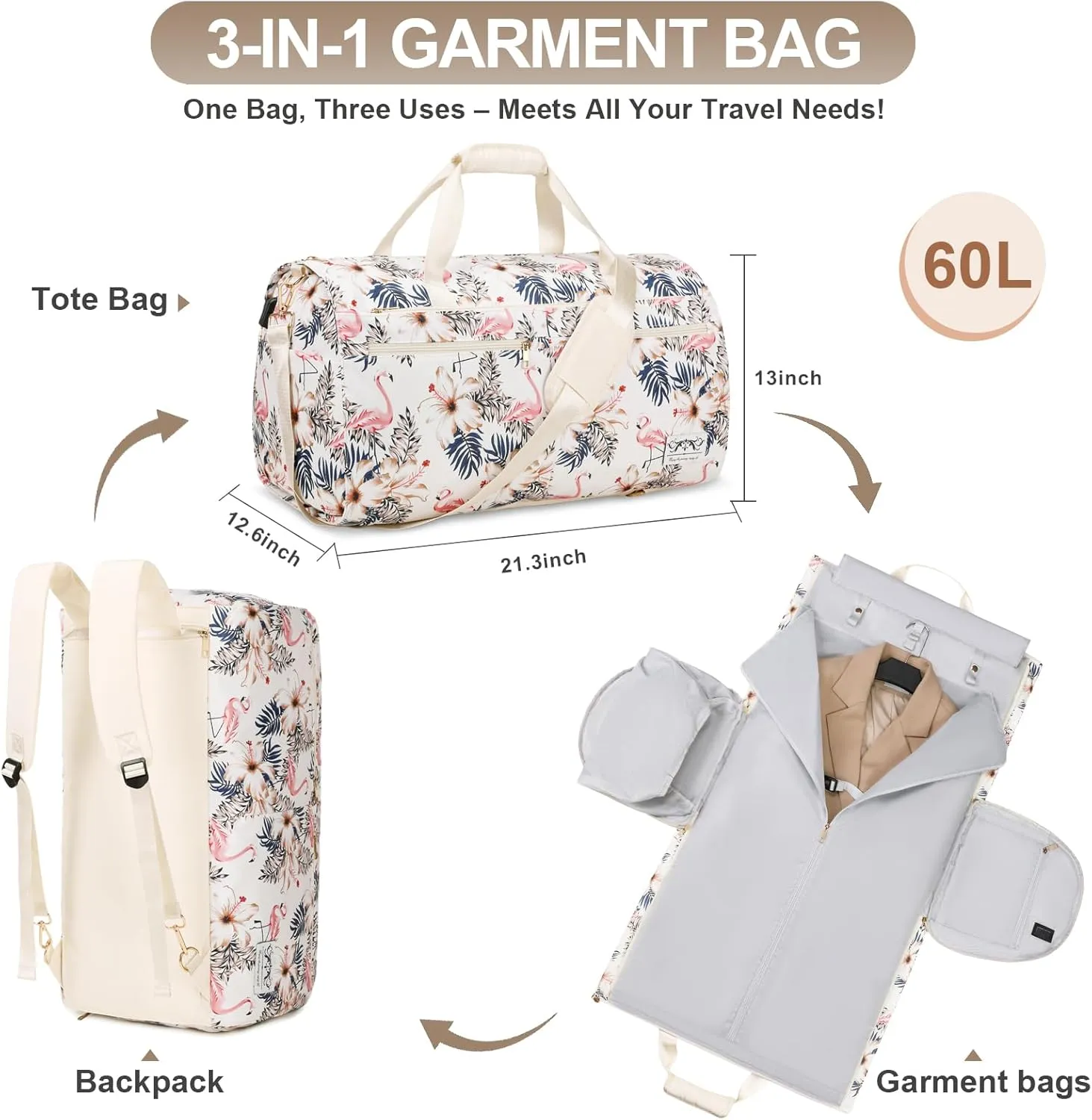 Convertible Travel Garment Bag with Backpack Strap, 3 in 1 Carry on Garment Duffle Bag, Garment Bags for Travel with Shoe Compartment USB Charging Port, Hanging Dress Suit Travel Bag for Women