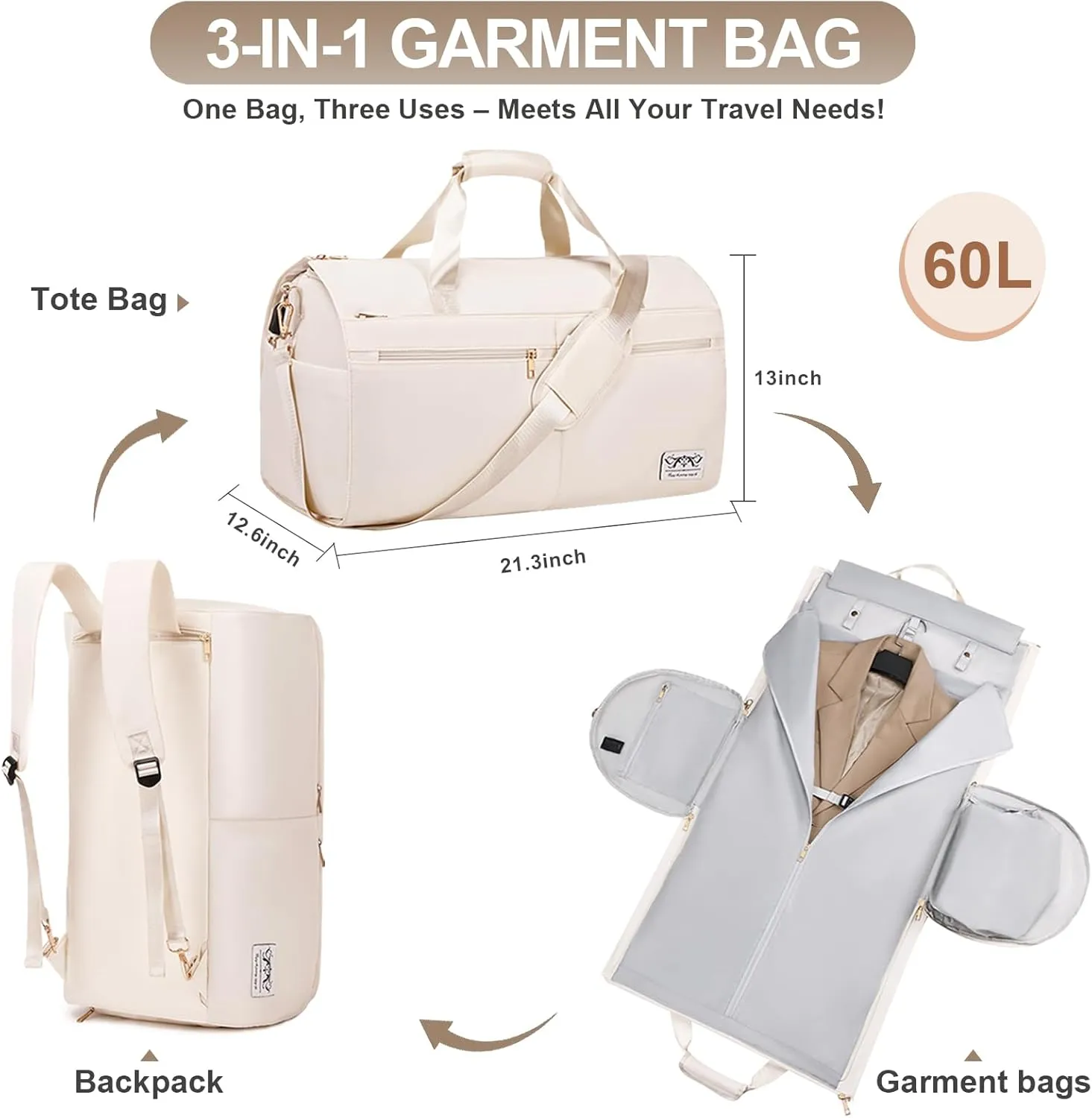 Convertible Travel Garment Bag with Backpack Strap, 3 in 1 Carry on Garment Duffle Bag, Garment Bags for Travel with Shoe Compartment USB Charging Port, Hanging Dress Suit Travel Bag for Women