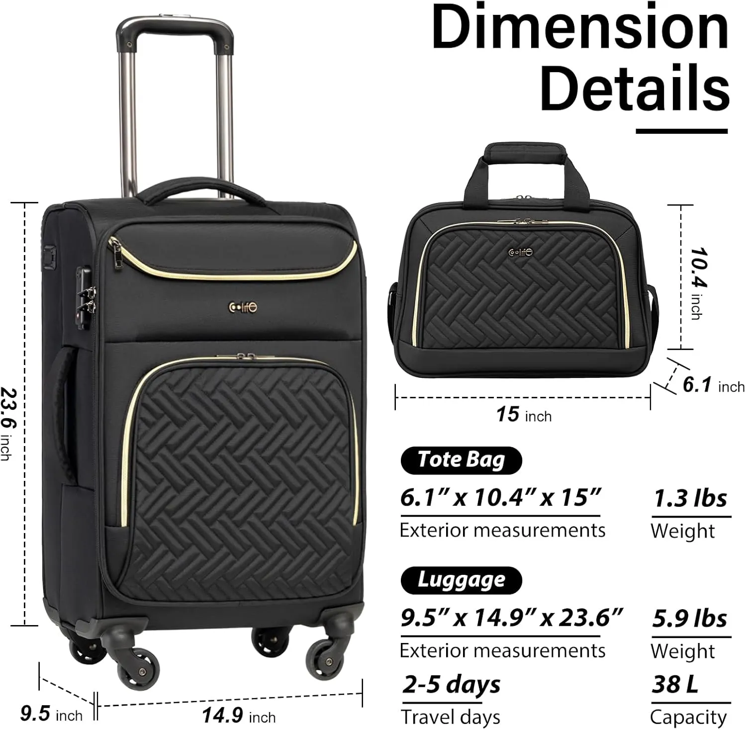 Coolife Luggage Carry On Luggage Suitcase Softside Wheeled Luggage Lightweight Rolling Travel Bag (Black, Carry-On 20-Inch)