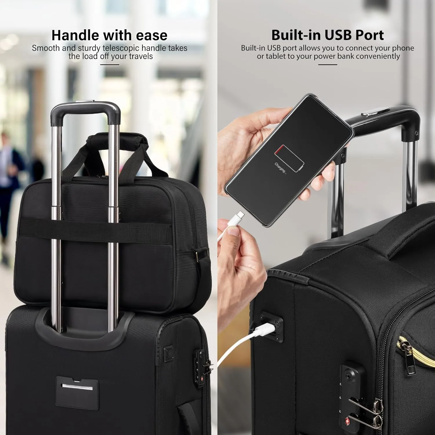 Coolife Luggage Carry On Luggage Suitcase Softside Wheeled Luggage Lightweight Rolling Travel Bag (Black, Carry-On 20-Inch)