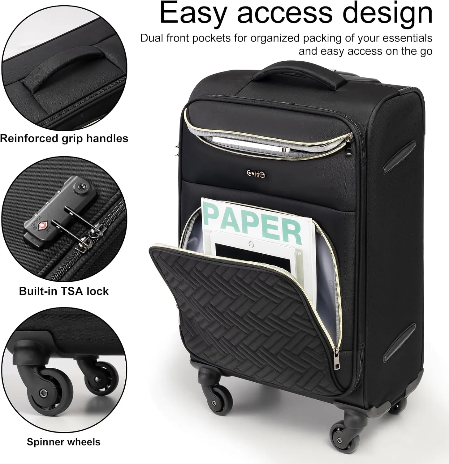 Coolife Luggage Carry On Luggage Suitcase Softside Wheeled Luggage Lightweight Rolling Travel Bag (Black, Carry-On 20-Inch)