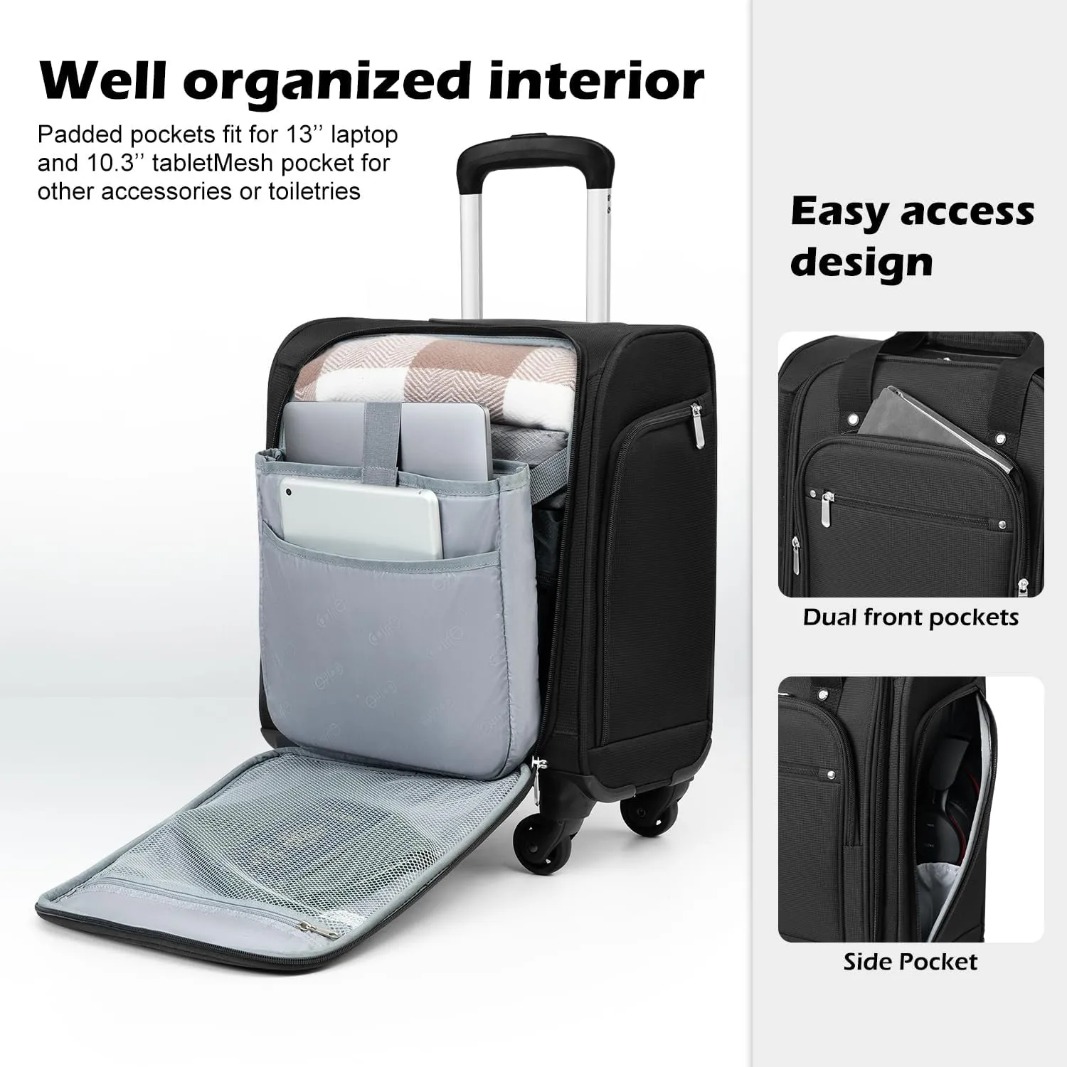 Coolife Underseat Carry On Luggage Softside Lightweight Rolling Travel Bag Spinner Suitcase