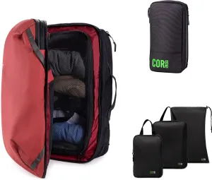 COR Surf Carry On Travel Backpack Bundle | Island Hopper Travel Backpack with Toiletry Bag and Compression Packing Cube Set (28L, Red)