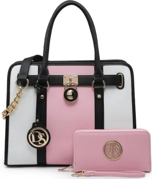 Dasein Two Tone Satchel Handbags Purses for Women Vegan Leather Shoulder Bags Large Tote Bag with Matching Wallet