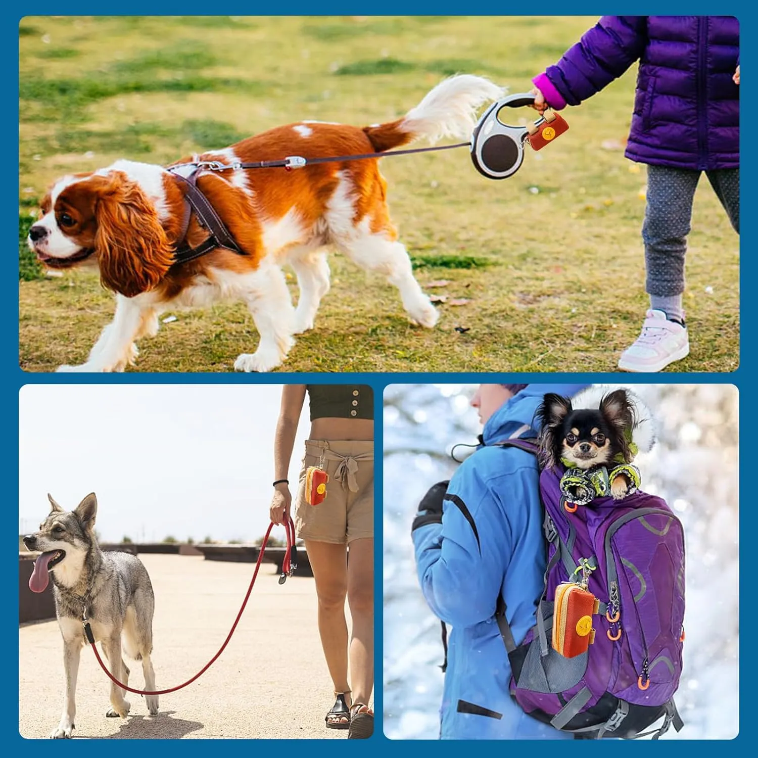 Dog Poop Bag Holder Zippered Pouch, Portable Dog Poop Bag Dispenser with 1 Metal Clip, Fashion Color Matching Canvas Waste Bag Holder for Leashes - Blue & Brown