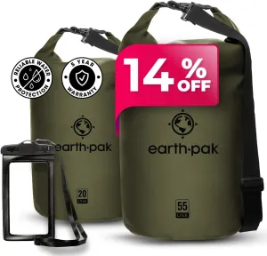 Earth Pak Waterproof Dry Bag - Roll Top Waterproof Backpack Sack (Forest Green 55L & 20L)