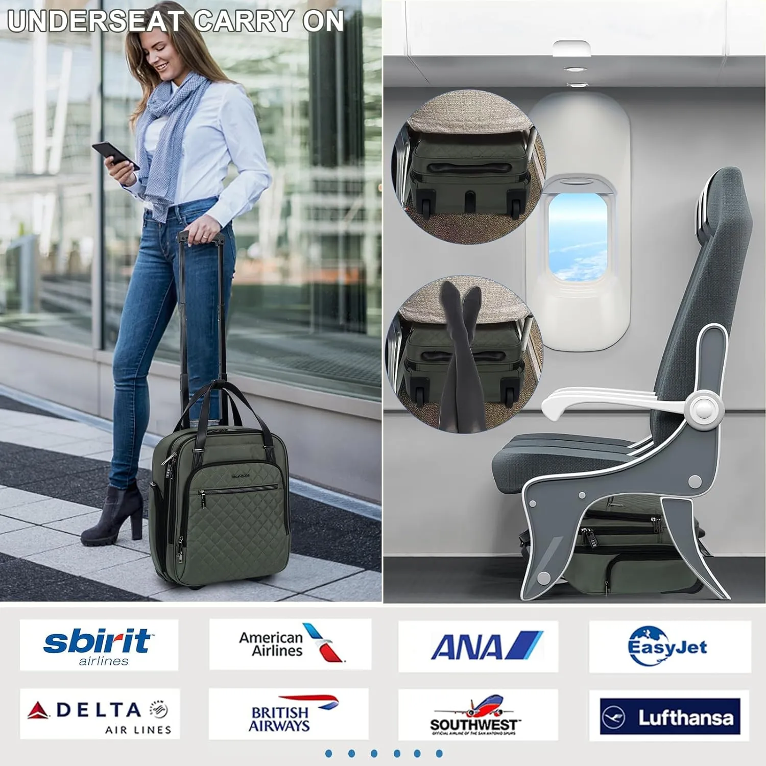 EMPSIGN Underseat Carry On Wheeled - 16" Carry on Bag with Wheels Multi-functional Lightweight Rolling Bag Overnight Weekender Small Suitcase for Women Men Travel Business, Army Green