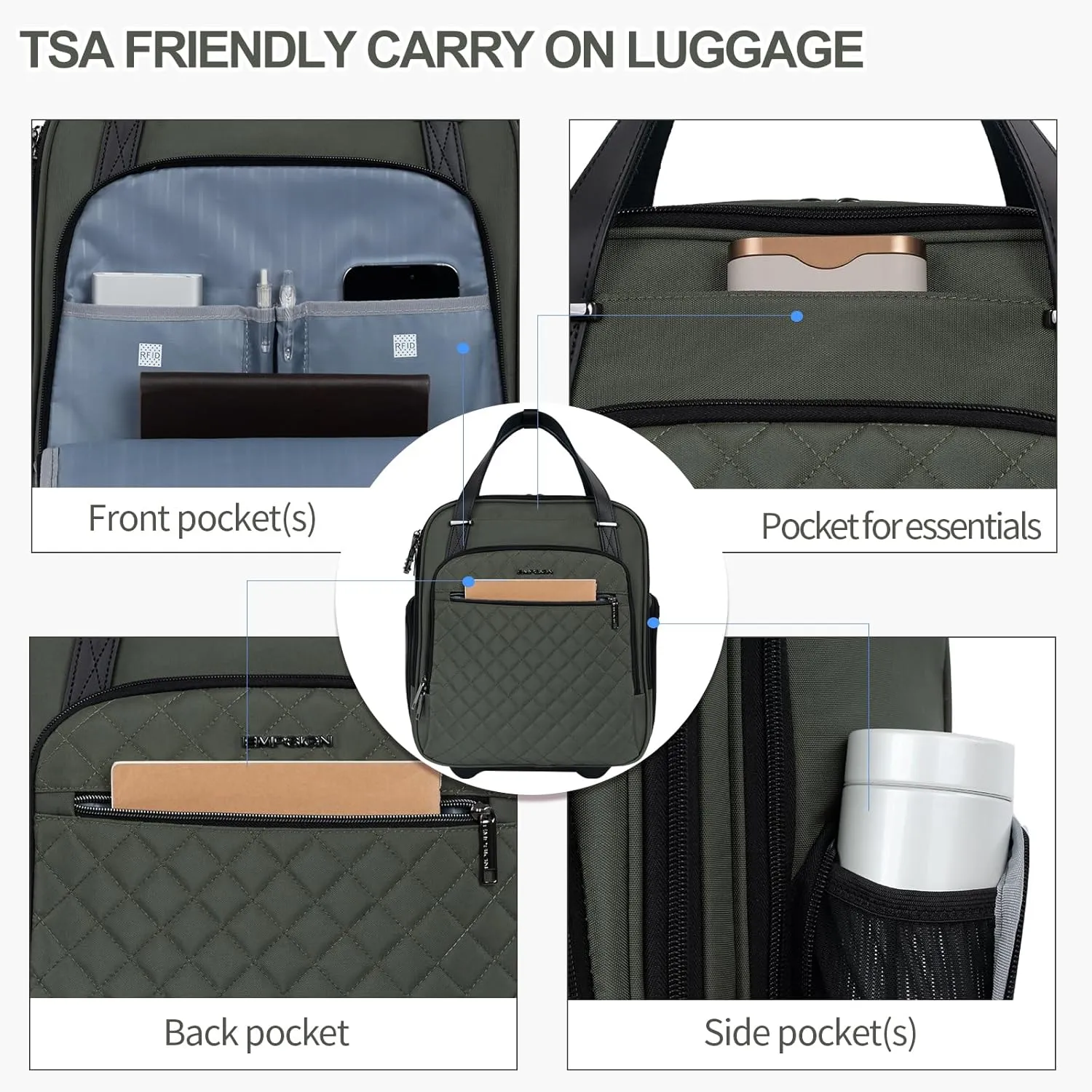 EMPSIGN Underseat Carry On Wheeled - 16" Carry on Bag with Wheels Multi-functional Lightweight Rolling Bag Overnight Weekender Small Suitcase for Women Men Travel Business, Army Green