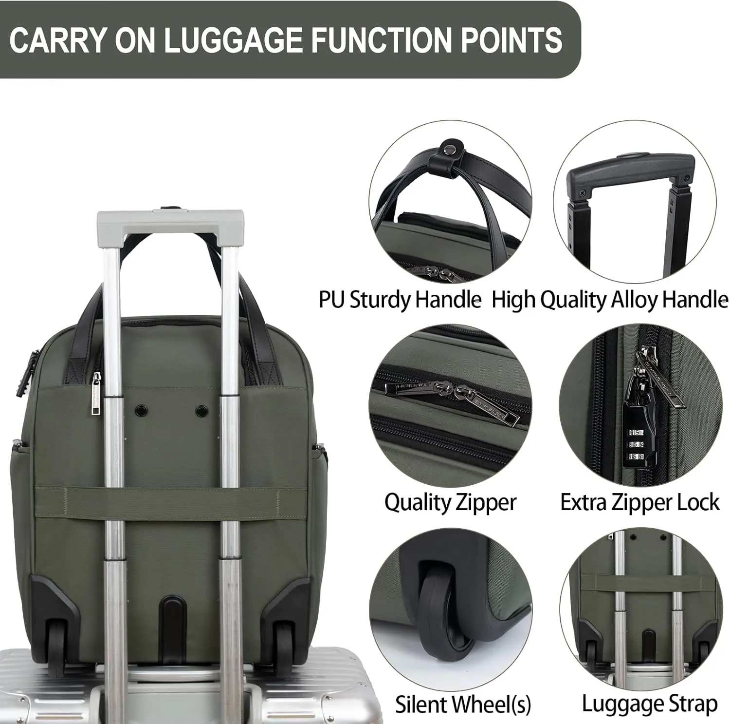 EMPSIGN Underseat Carry On Wheeled - 16" Carry on Bag with Wheels Multi-functional Lightweight Rolling Bag Overnight Weekender Small Suitcase for Women Men Travel Business, Army Green