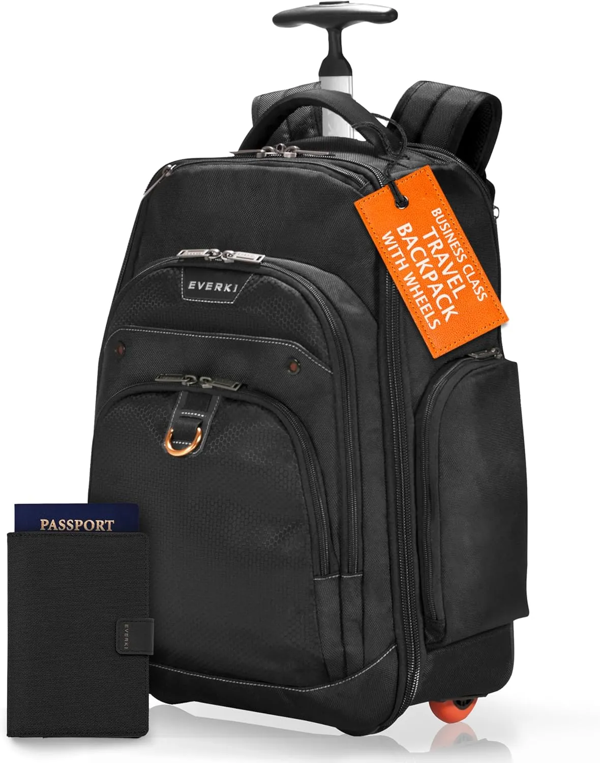 Everki Atlas Wheeled Laptop Backpack & RFID Blocking Passport Holder - 13-17.3" Adjustable Compartment, Rolling Carry-On Backpack for Travel & Business, Black Wallet for Men & Women, Passport Protecto