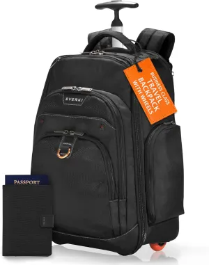Everki Atlas Wheeled Laptop Backpack & RFID Blocking Passport Holder - 13-17.3" Adjustable Compartment, Rolling Carry-On Backpack for Travel & Business, Black Wallet for Men & Women, Passport Protecto