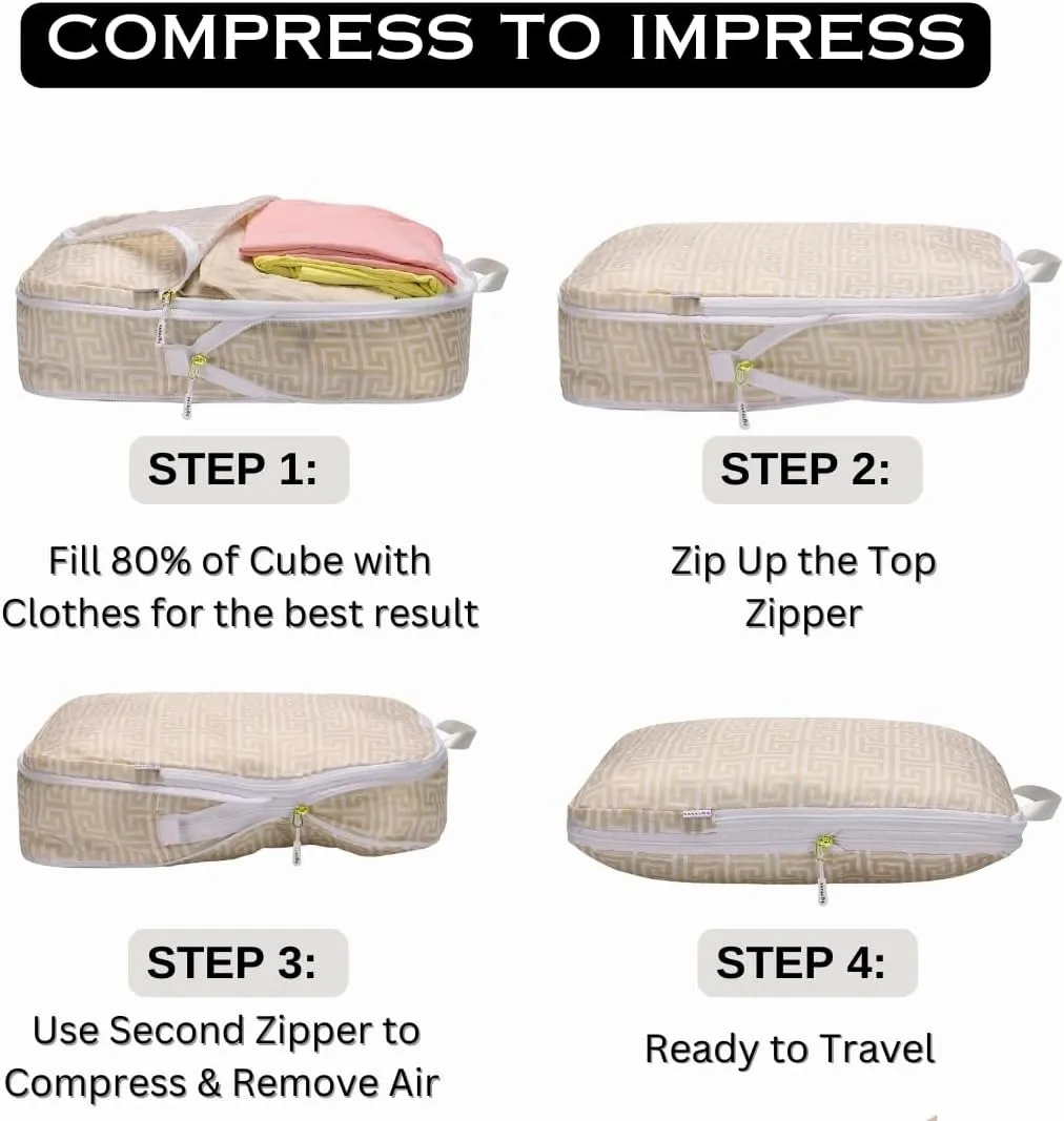 Extra Large Compression Packing Cubes for Checked Luggage, Lightweight Suitcase Organizers & Space Saver Bags - Travel Cubes for Packing - Travel Essentials - 2 Piece Set, X-Large - Beige Boho