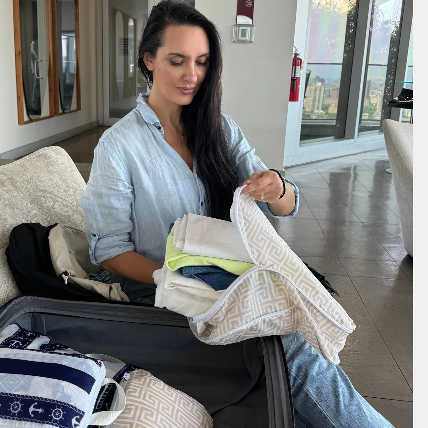 Extra Large Compression Packing Cubes for Checked Luggage, Lightweight Suitcase Organizers & Space Saver Bags - Travel Cubes for Packing - Travel Essentials - 2 Piece Set, X-Large - Beige Boho