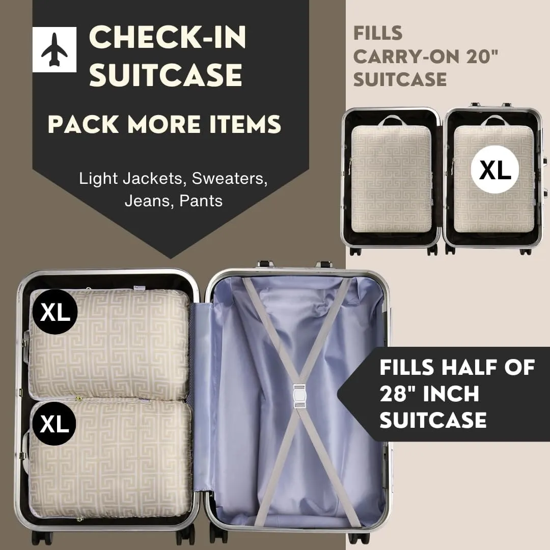 Extra Large Compression Packing Cubes for Checked Luggage, Lightweight Suitcase Organizers & Space Saver Bags - Travel Cubes for Packing - Travel Essentials - 2 Piece Set, X-Large - Beige Boho