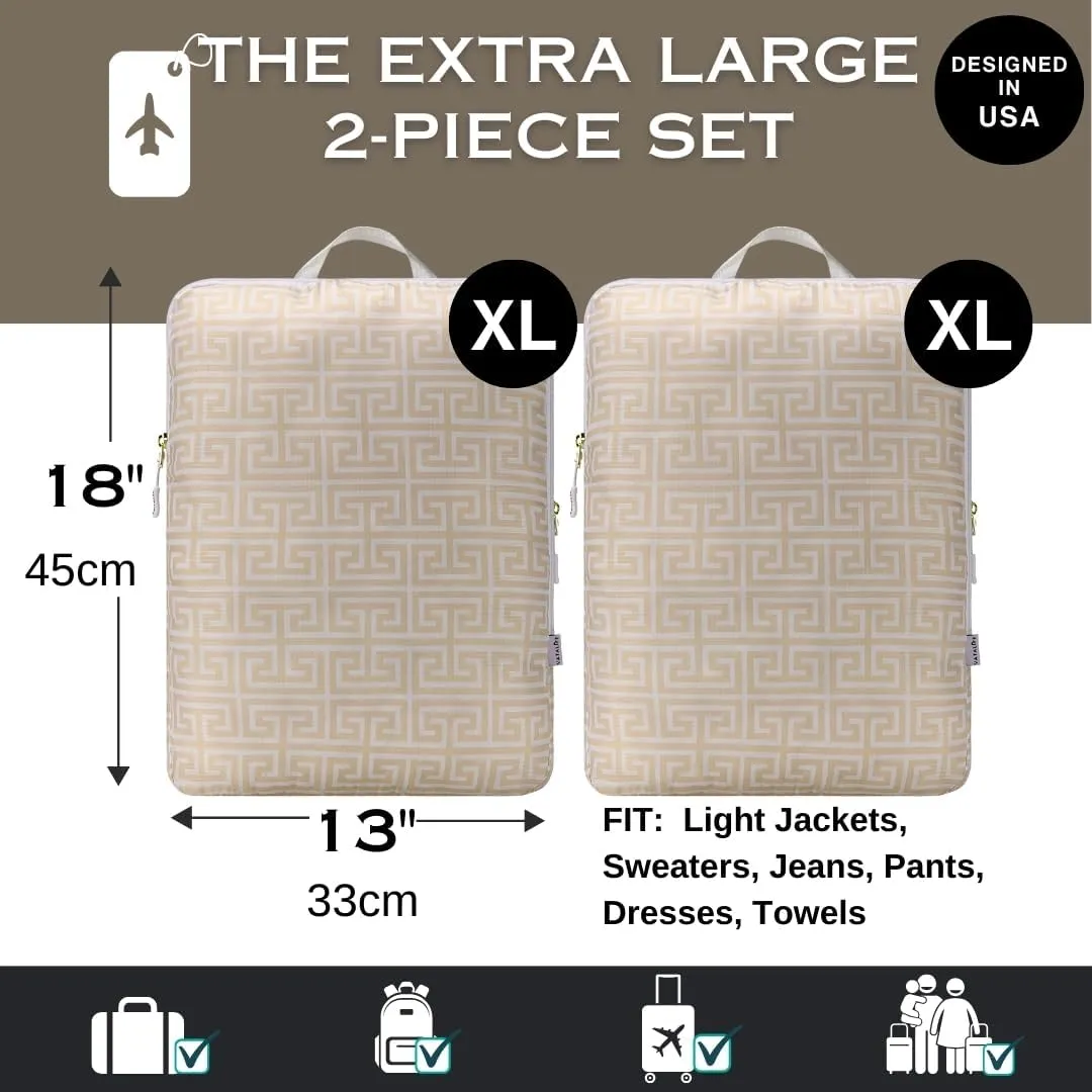 Extra Large Compression Packing Cubes for Checked Luggage, Lightweight Suitcase Organizers & Space Saver Bags - Travel Cubes for Packing - Travel Essentials - 2 Piece Set, X-Large - Beige Boho