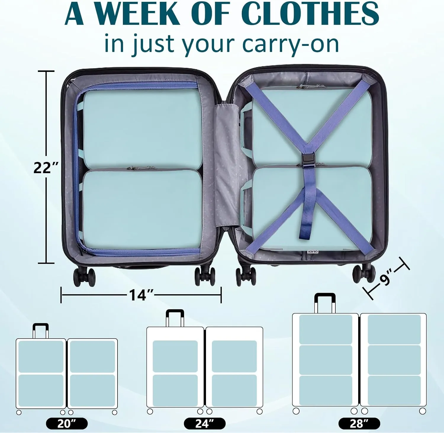 Extra Large Compression Packing Cubes for Travel, 2 Set Compression Bags Travel Cubes for Packing Suitcase Luggage Organizer, Blue