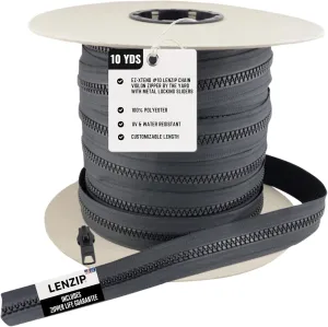 EZ-Xtend #10 Lenzip Chain Vislon Zipper by The Yard with Locking Sliders. Boat Cushions, Duffle Bags, Back Packs, Sewing, Replacement Zipper(10 Yards & 8 Single Pulls)