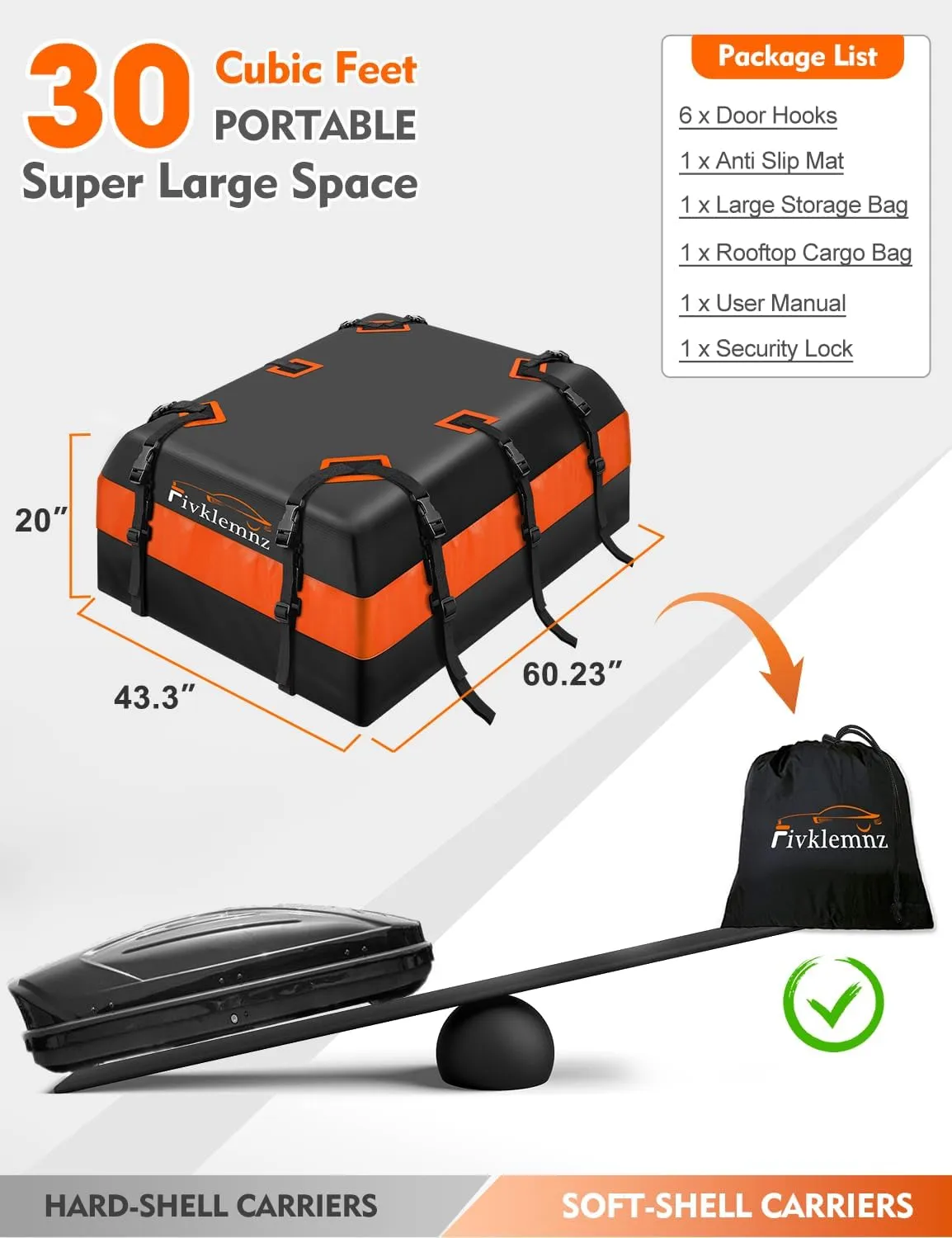 FIVKLEMNZ 30 Cubic Car Rooftop Cargo Carrier Roof Bag Waterproof for All Top of Vehicle with/Without Rack Includes Topper Anti-Slip Mat   Reinforced Straps   6 Door Hooks   Luggage Lock