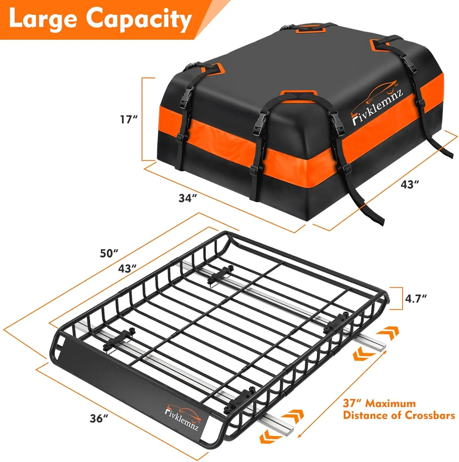 FIVKLEMNZ Car Rooftop Cargo Carrier Roof Bag Waterproof for All Top of Vehicle with/Without Rack Includes Topper Anti-Slip Mat   Reinforced Straps   6 Door Hooks   Luggage Lock