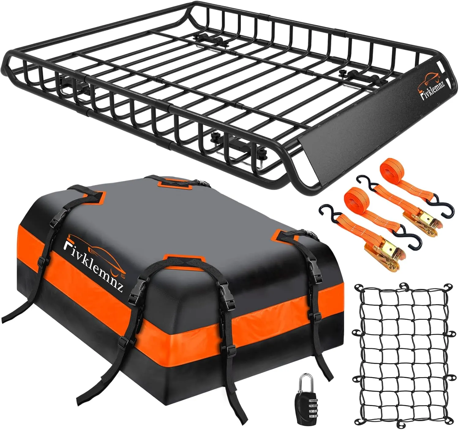 FIVKLEMNZ Car Rooftop Cargo Carrier Roof Bag Waterproof for All Top of Vehicle with/Without Rack Includes Topper Anti-Slip Mat   Reinforced Straps   6 Door Hooks   Luggage Lock
