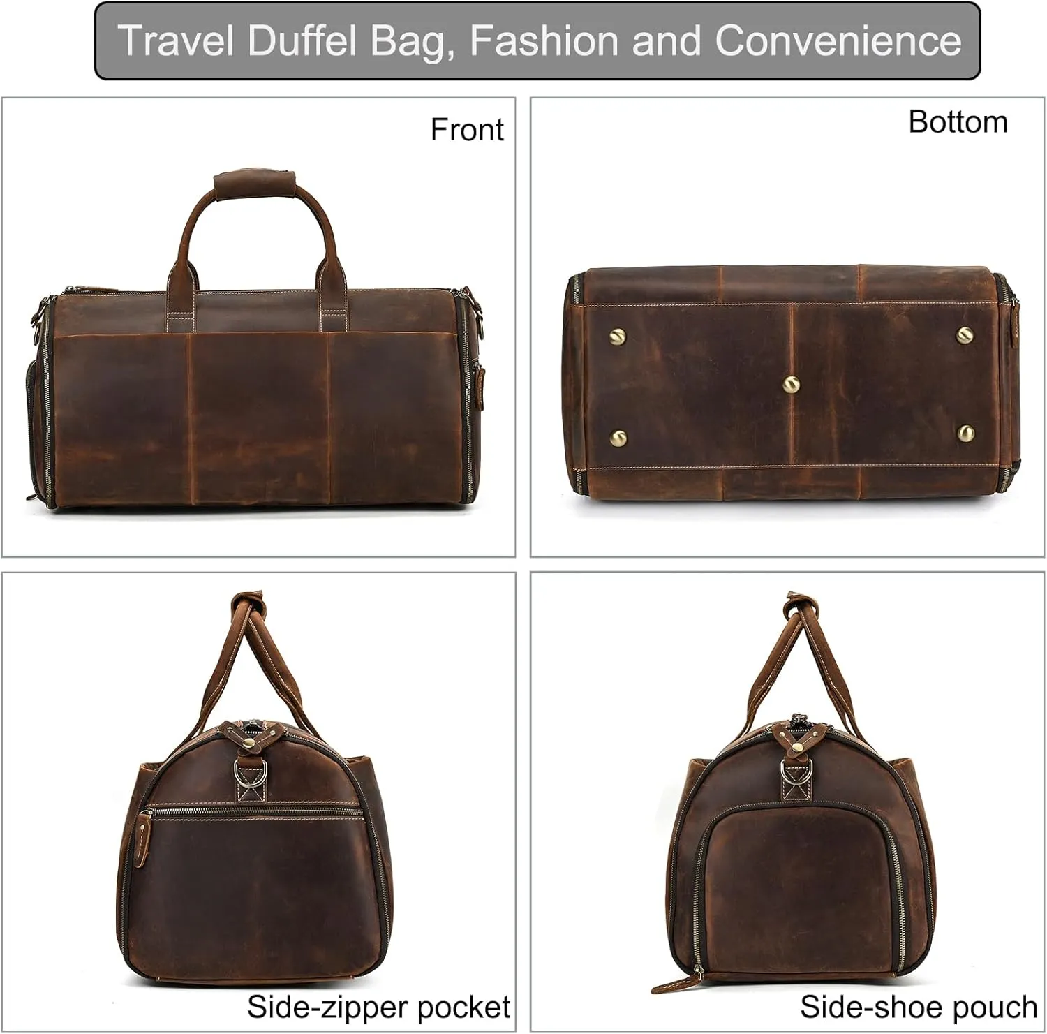 Full-grain Leather Garment Bag Large Capacity Travel Bag Business Suit Carrier Bag with Shoe Compartment, Overnight Gym Sports Duffel Bags for Men Women, Coffee